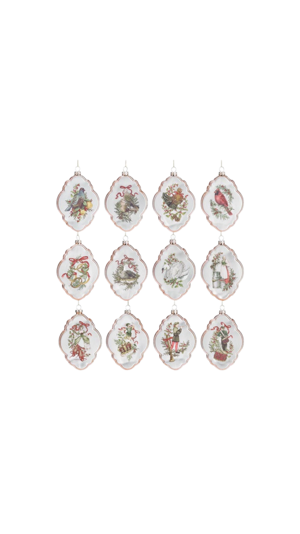 12 Days of Christmas Glass Ornament Set, full view on white