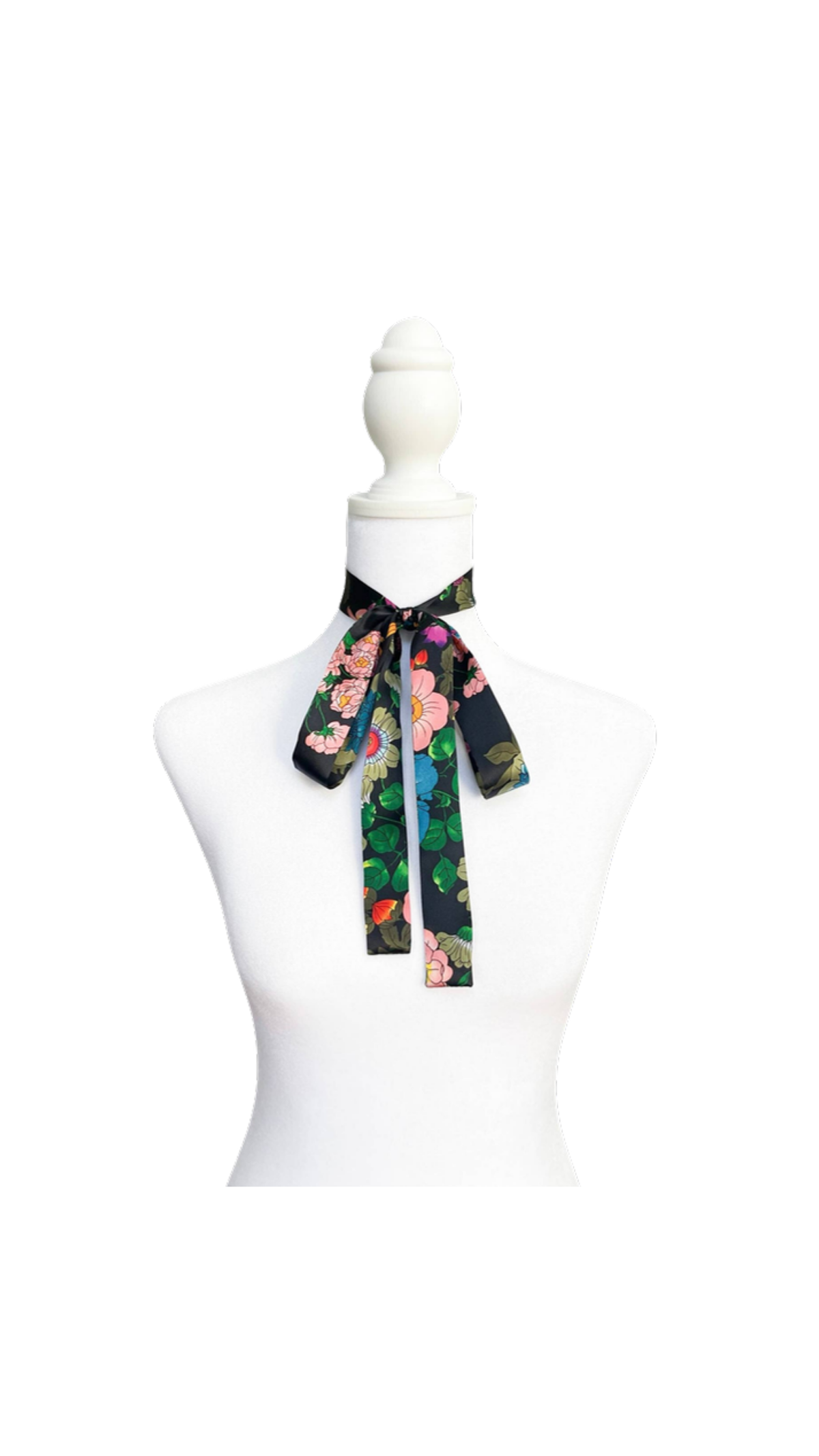 Italian Garden Silk Bow Scarf | Skinny, full view on white