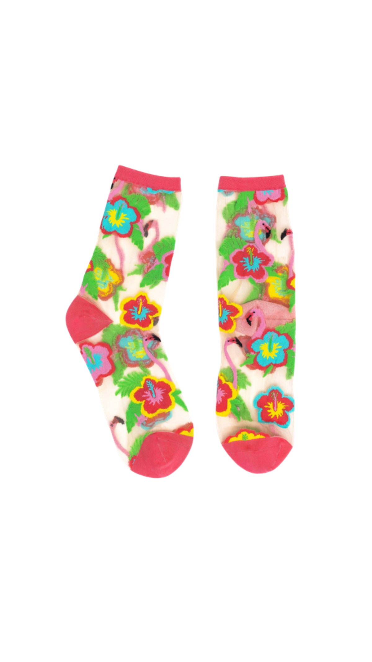 Flamingo Floral Sheer Crew Sock, full view on white