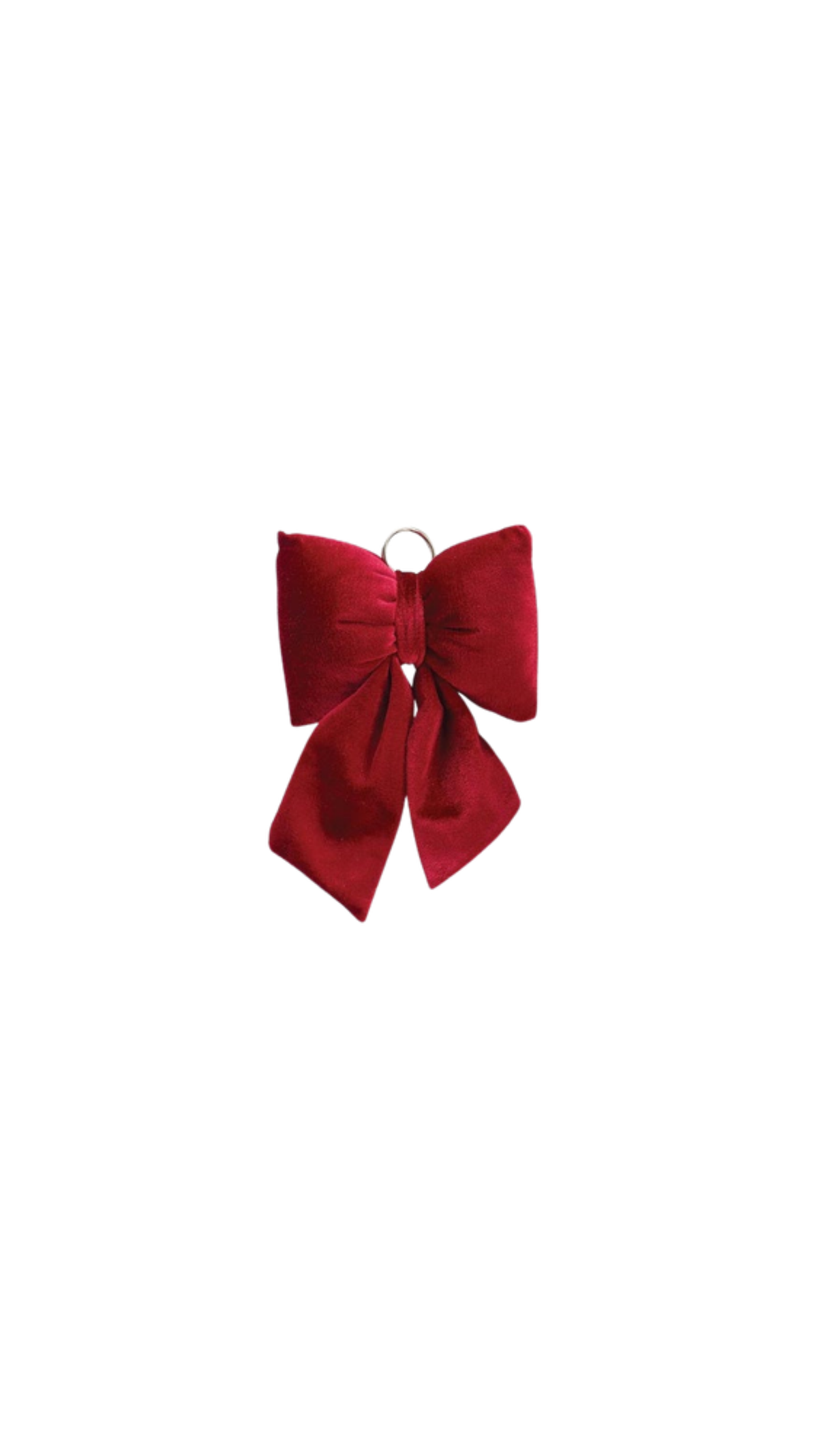 Small Red Velvet Bow Ornament, full view on white