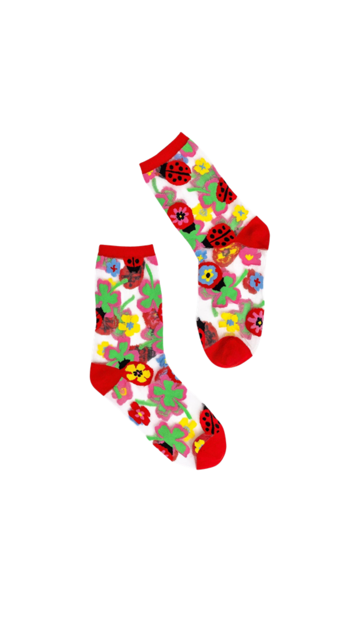 Lucky Ladybug Sheer Crew Sock, full view on white