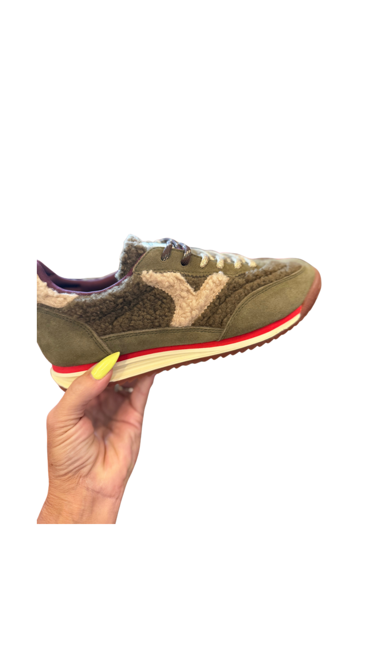 Saturno Suede & Sherpa Sneaker/Khaki, full view on white