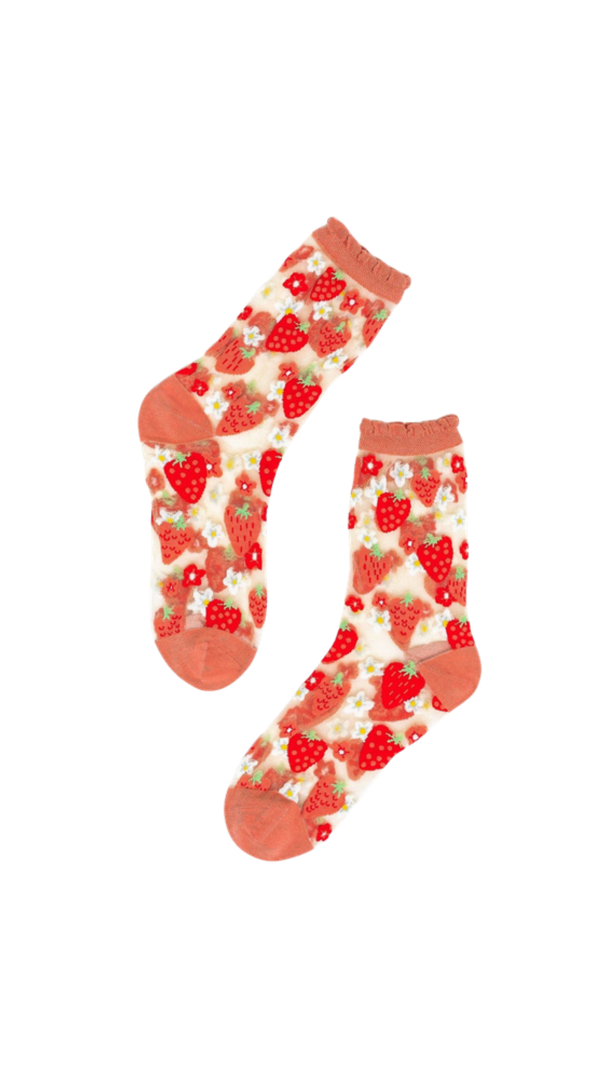 Strawberry Daisy Ruffle Sheer Crew Sock, full view on white