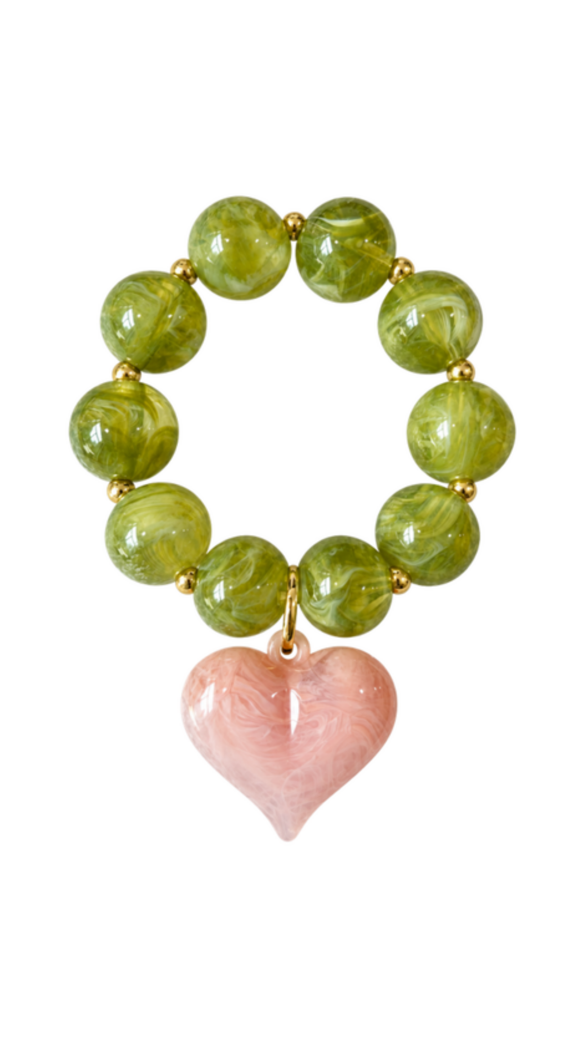 Heart Charm Chunky Bead Stretch Bracelet, full view on white