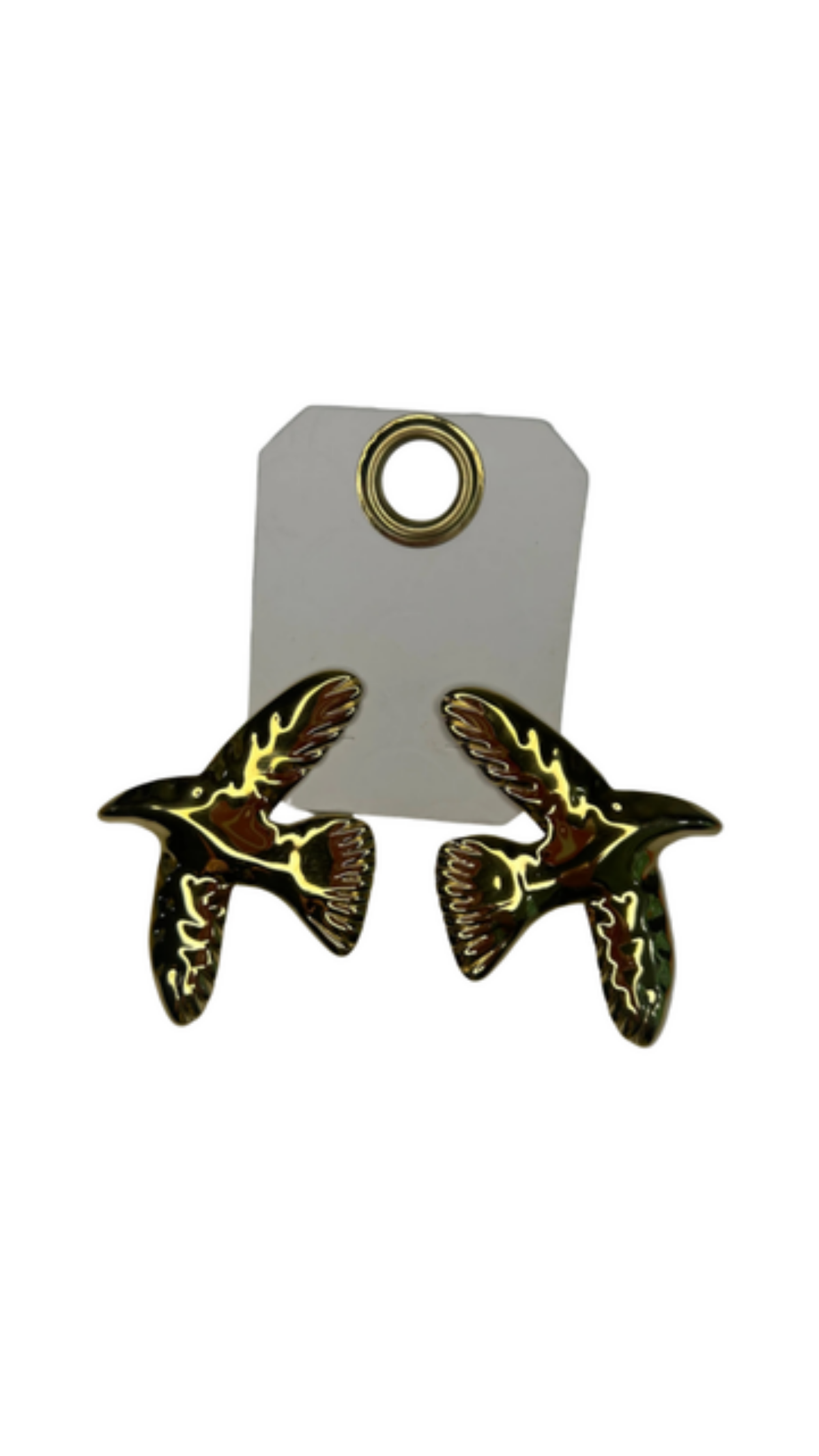 Large Gold Bird Earrings, full view on white