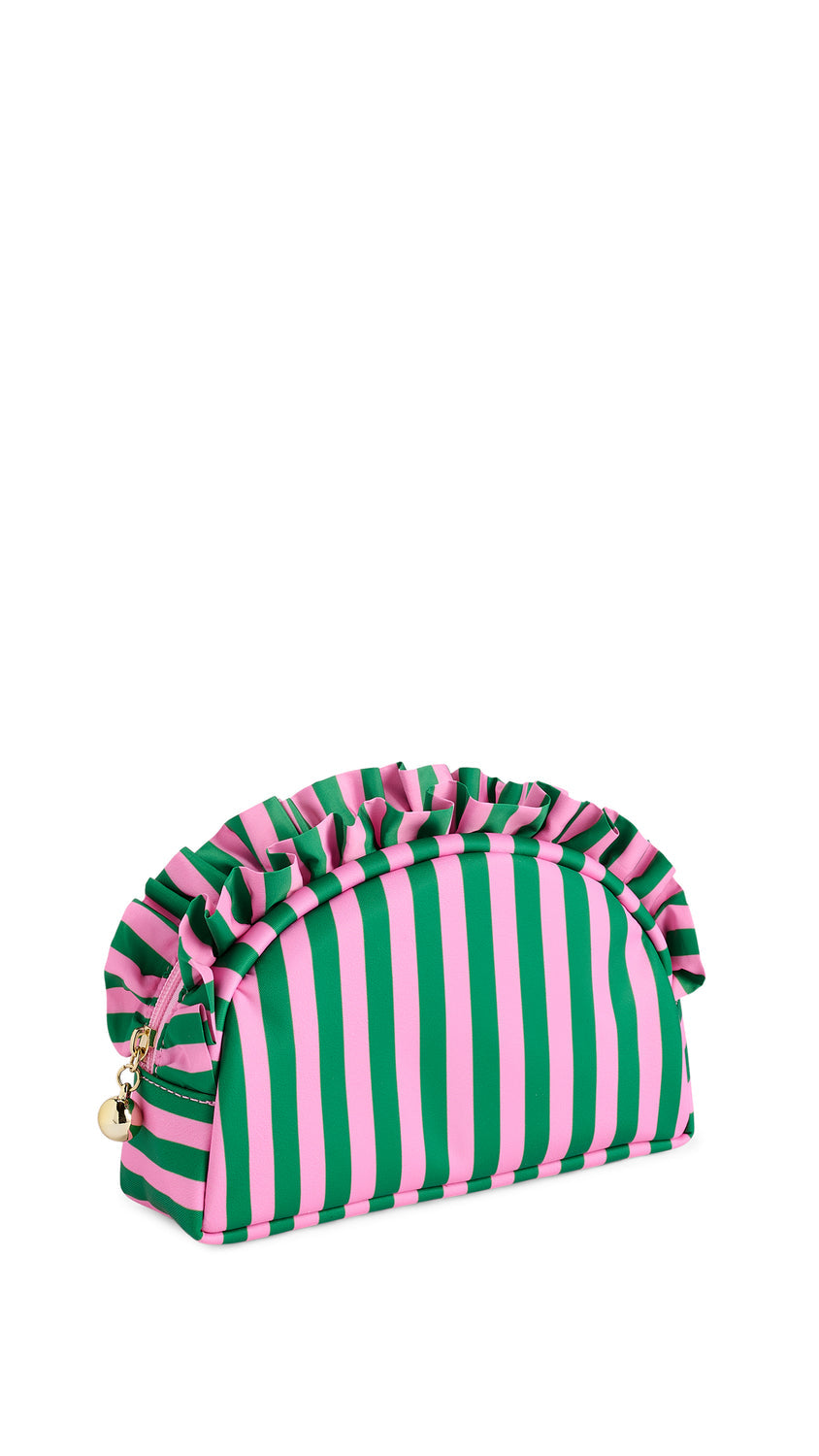 Shiraleah Stripe Ruffle Small Zip Pouch in green and pink stripes, polyester with ruffle trim and gold zipper, front view
