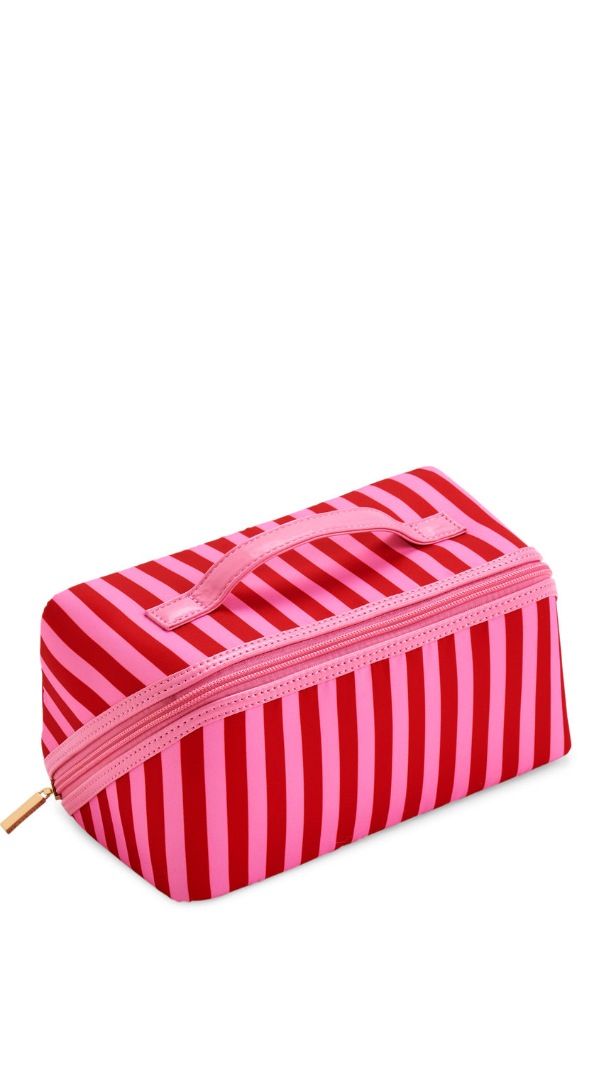 Shiraleah Holly Stripe Cosmetic Pouch in pink and red stripes, structured polyester with gold zipper, front view