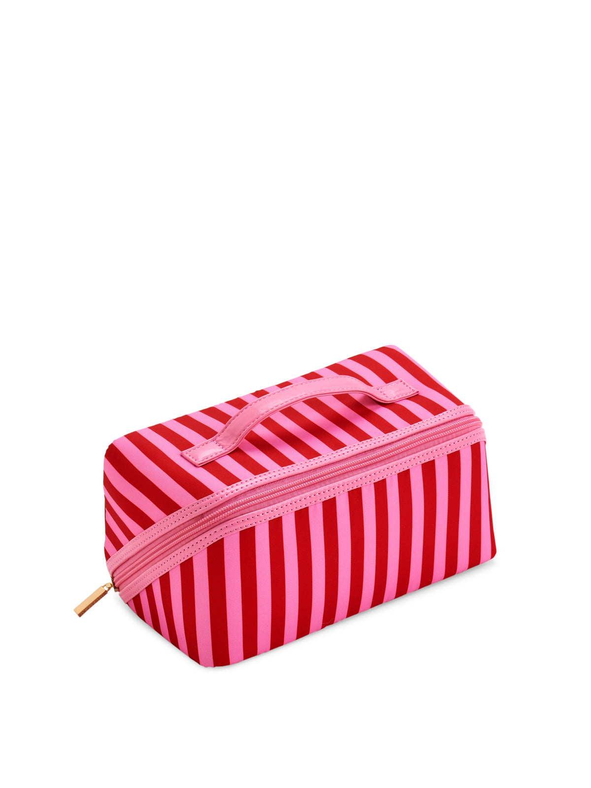 Shiraleah Holly Stripe Cosmetic Pouch in pink and red stripes, structured polyester with gold zipper, full front view