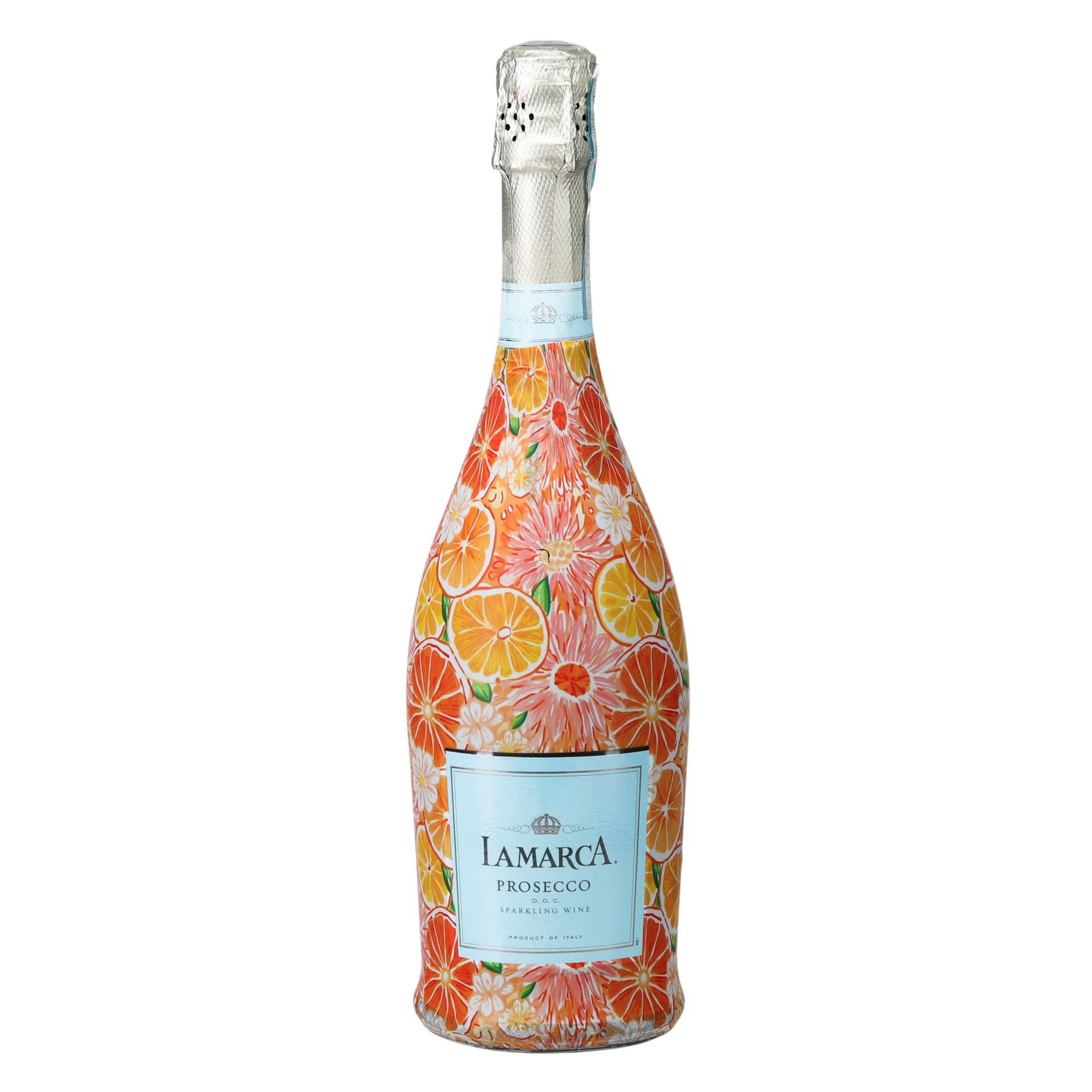 Beau Bottles Preppy Watercolor Oranges La Marca prosecco bottle wrap — styled view — BLVD Boutik