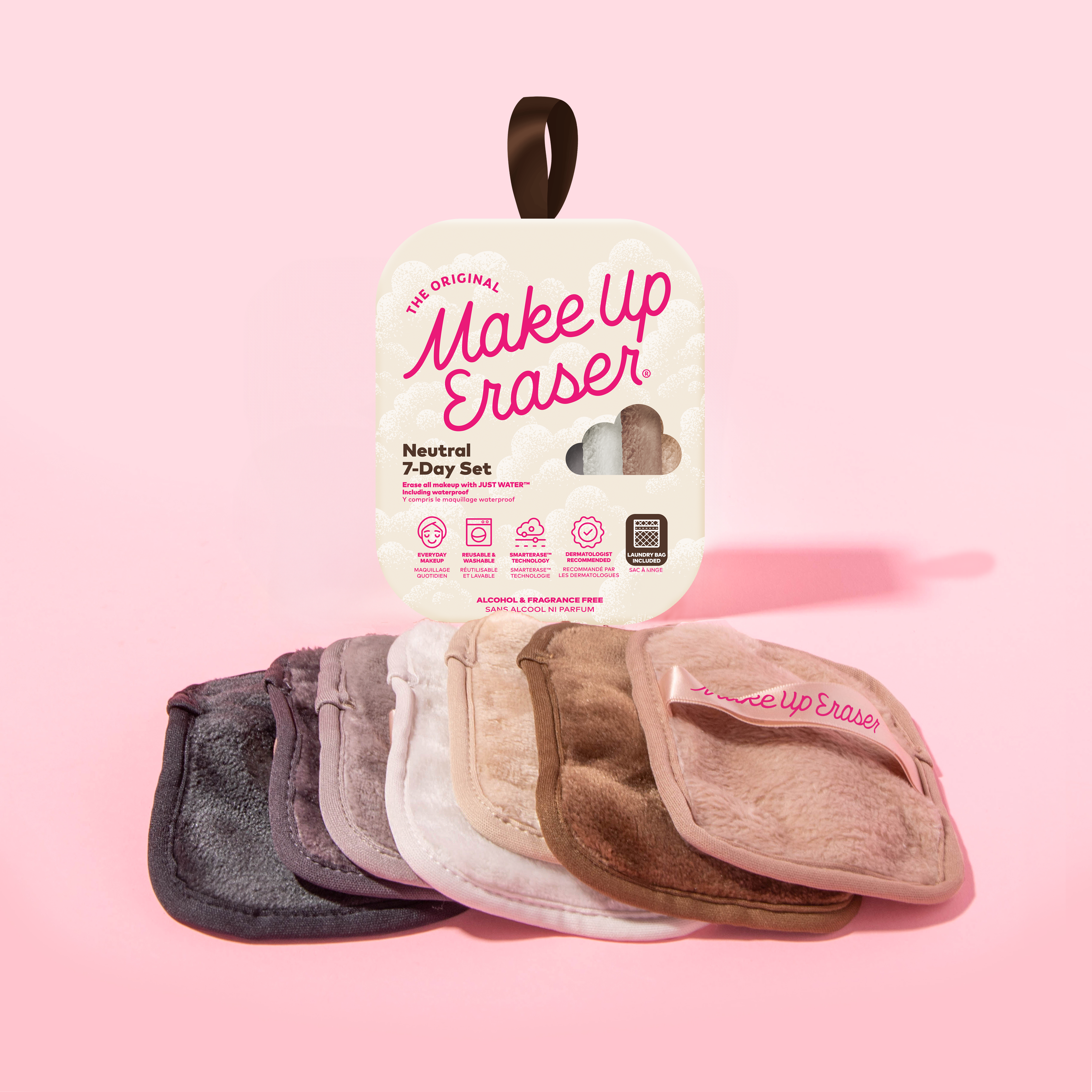 Makeup eraser set with packaging on a pink background