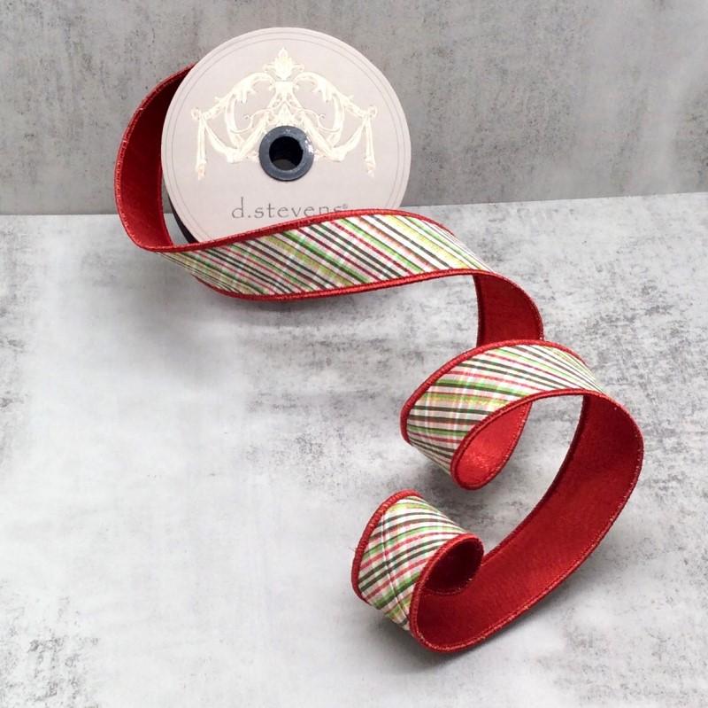 Red, green, and white glitter dupion archer plaid ribbon, 1.5 inch, full view