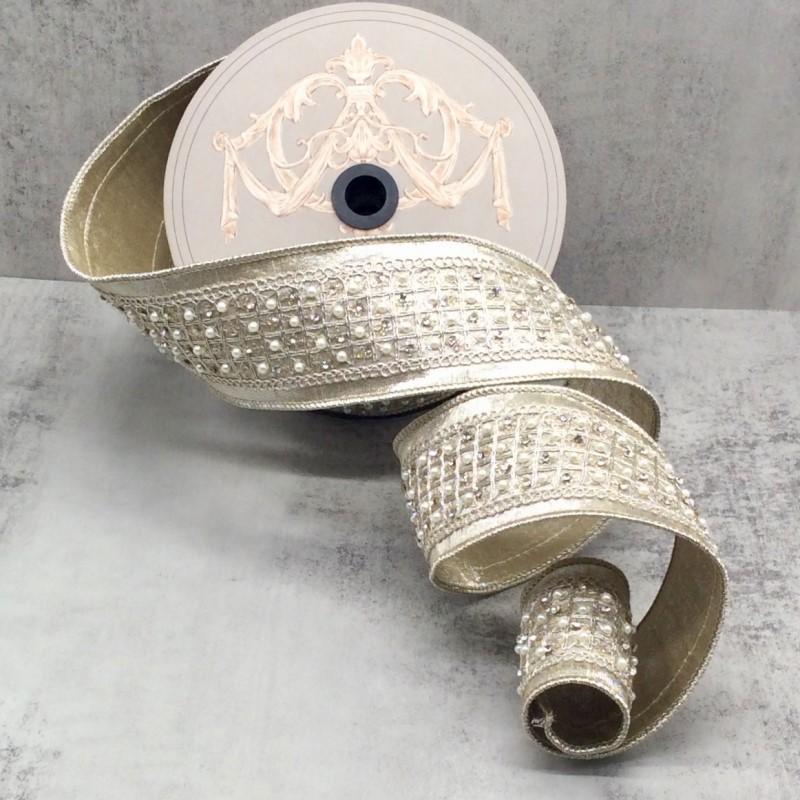 Platinum metallic dupion ribbon with pearl and clear jewel center trim, full view