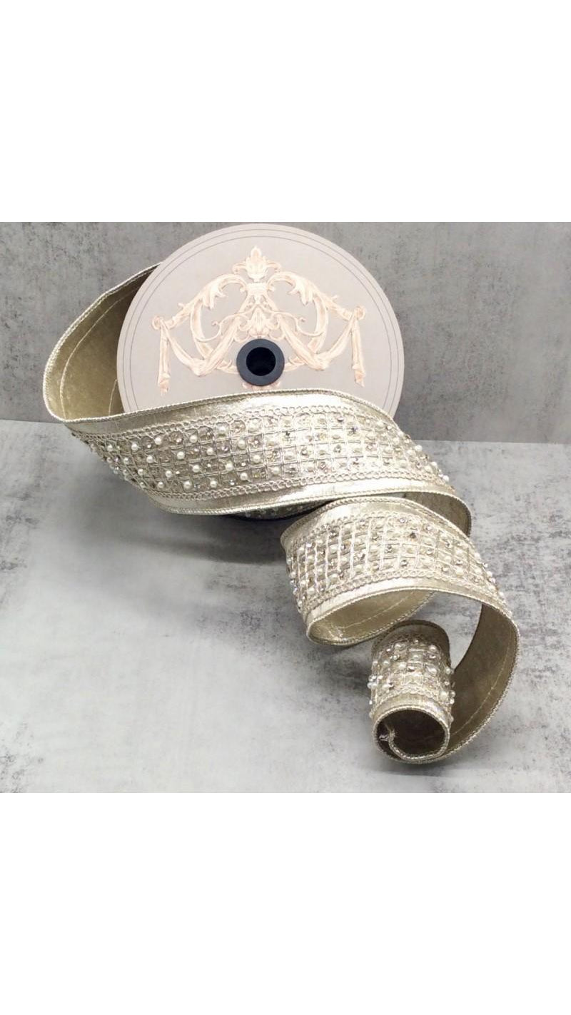 Platinum metallic dupion ribbon with pearl and clear jewel center trim, full view on white