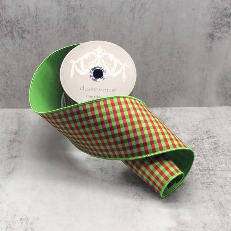 Red and green small check dupion ribbon, 4 inch, full view