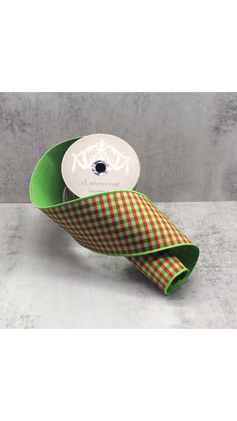 Red and green small check dupion ribbon, 4 inch, full view on white