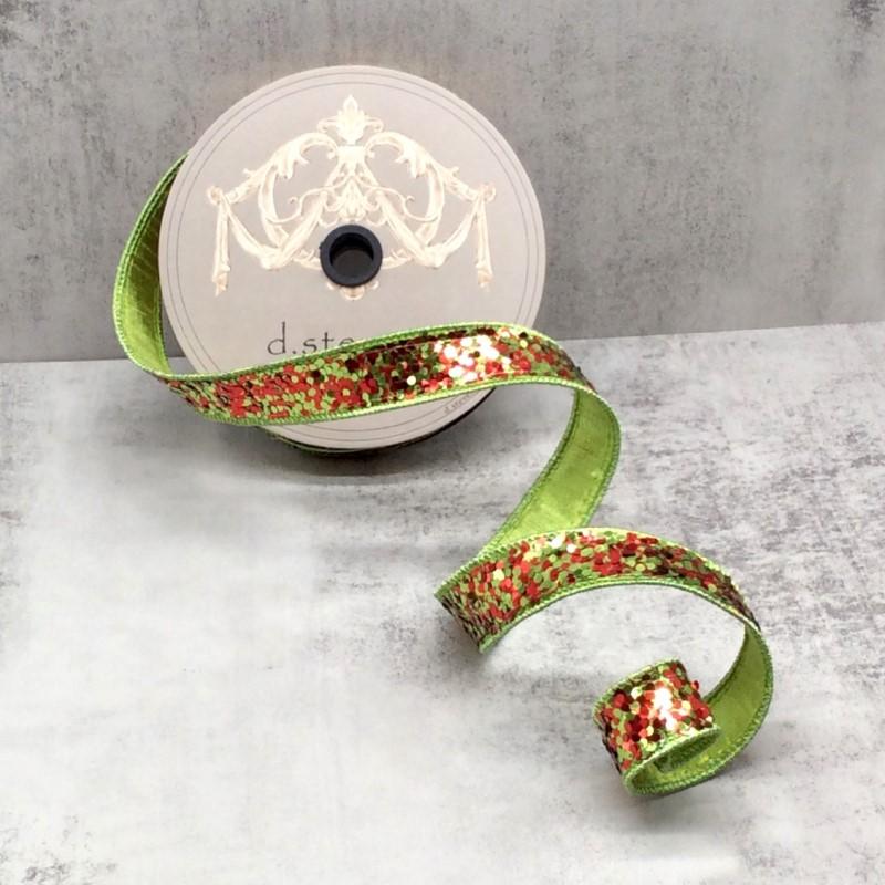 Red, lime, and green cirque glitter ribbon, 1 inch wide, full view