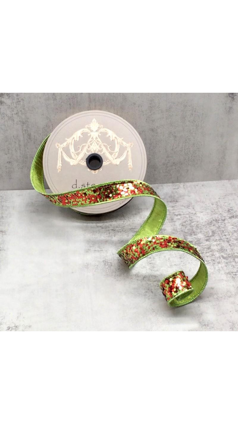 Red, lime, and green cirque glitter ribbon, 1 inch wide, full view on white