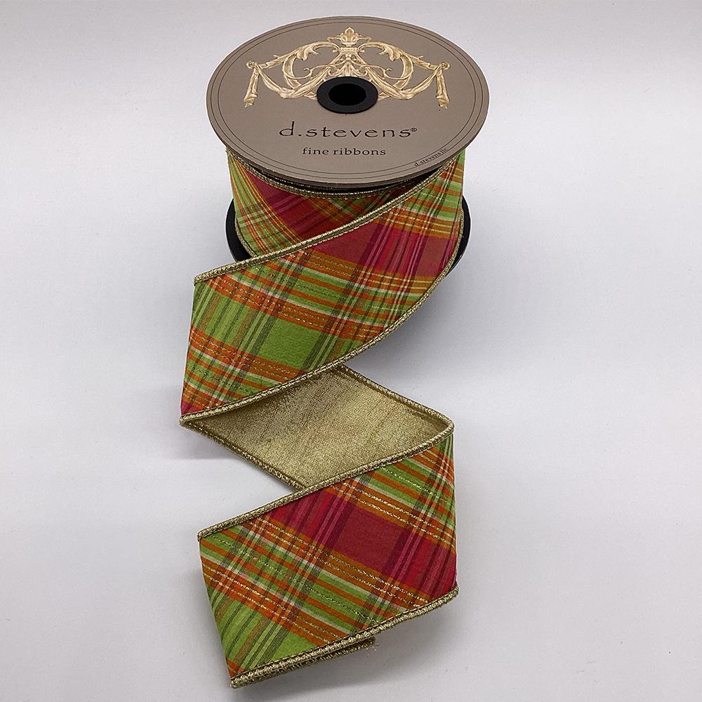 Hot pink, lime, and orange bias cut dupion plaid ribbon, 2.5 inch, full view