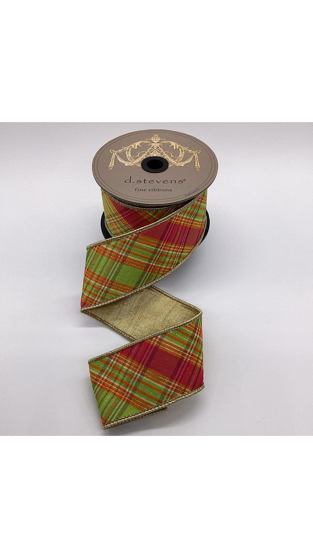 Hot pink, lime, and orange bias cut dupion plaid ribbon, 2.5 inch, full view on white