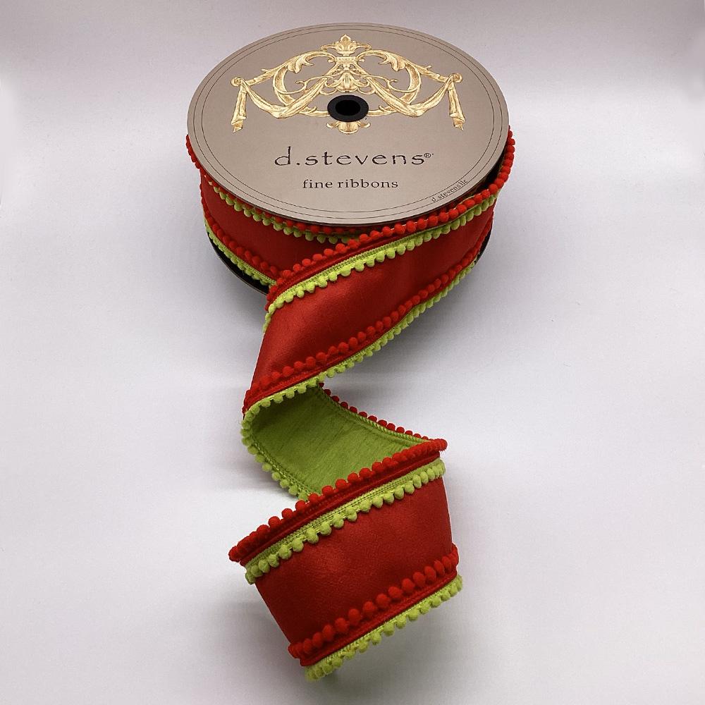 Red dupion ribbon with lime green pom pom trim, 3 inch, full view