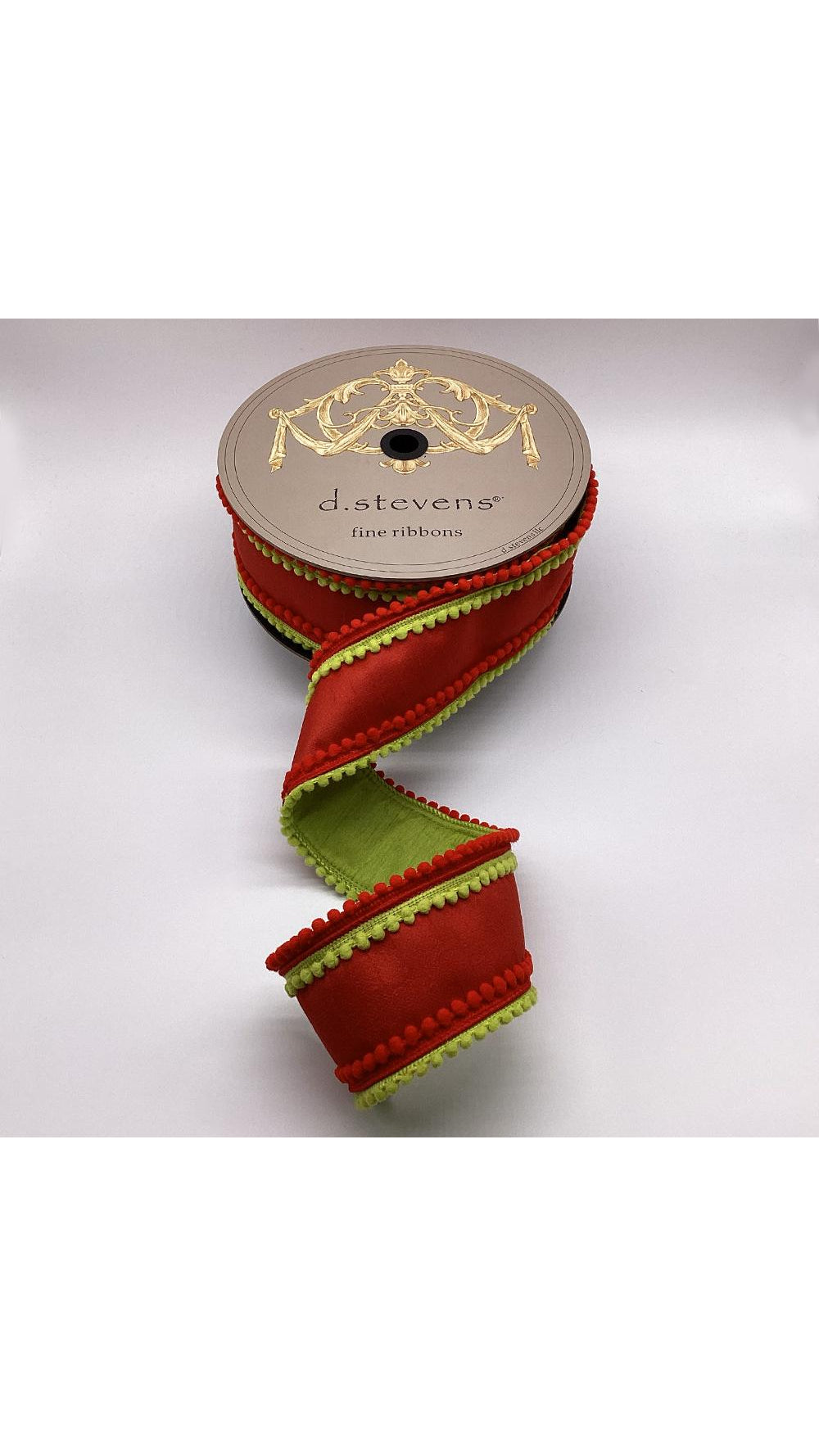 Red dupion ribbon with lime green pom pom trim, 3 inch, full view on white