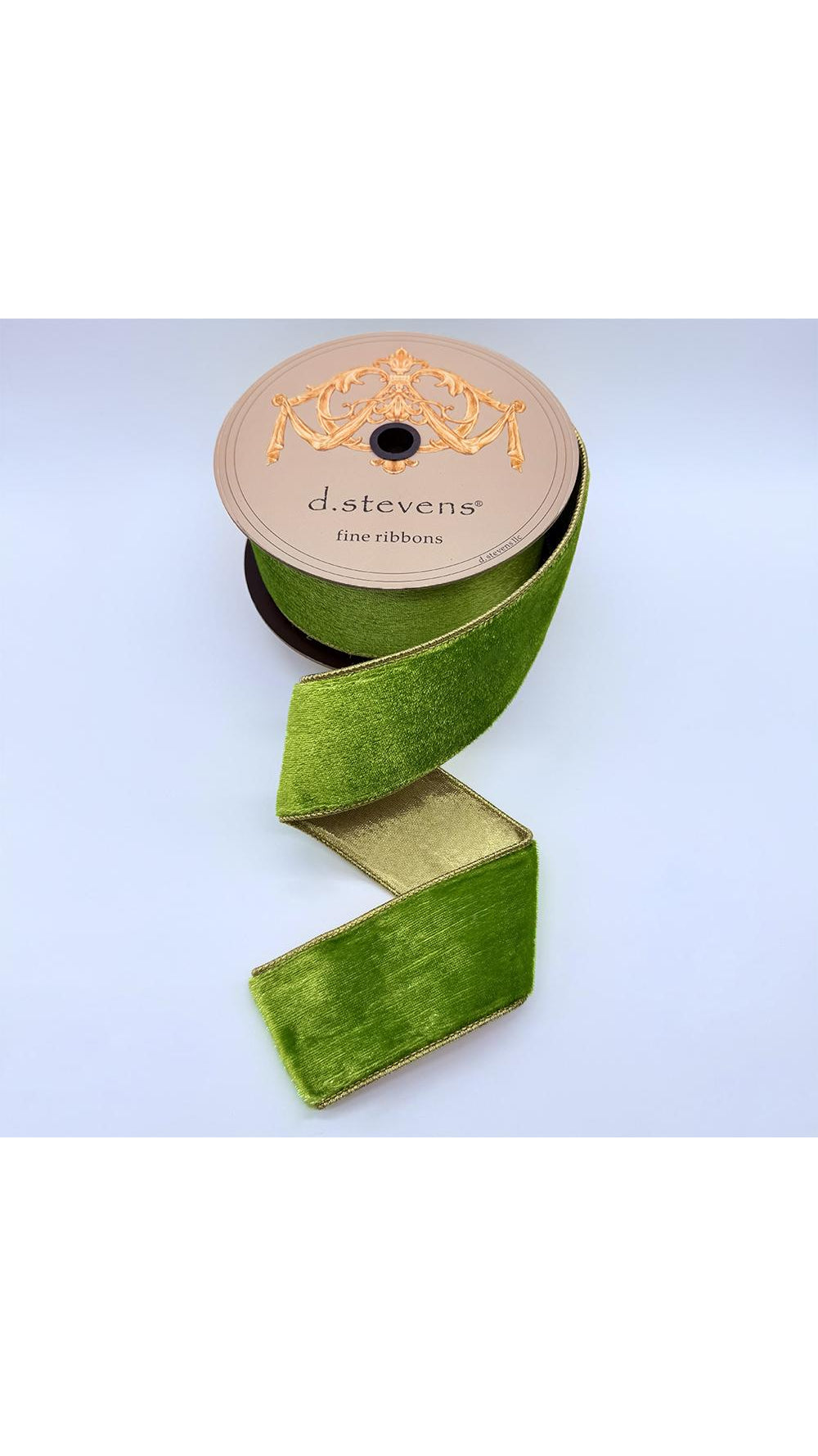Lime green ice velvet ribbon with metallic gold back, 2.5 inch, full view on white