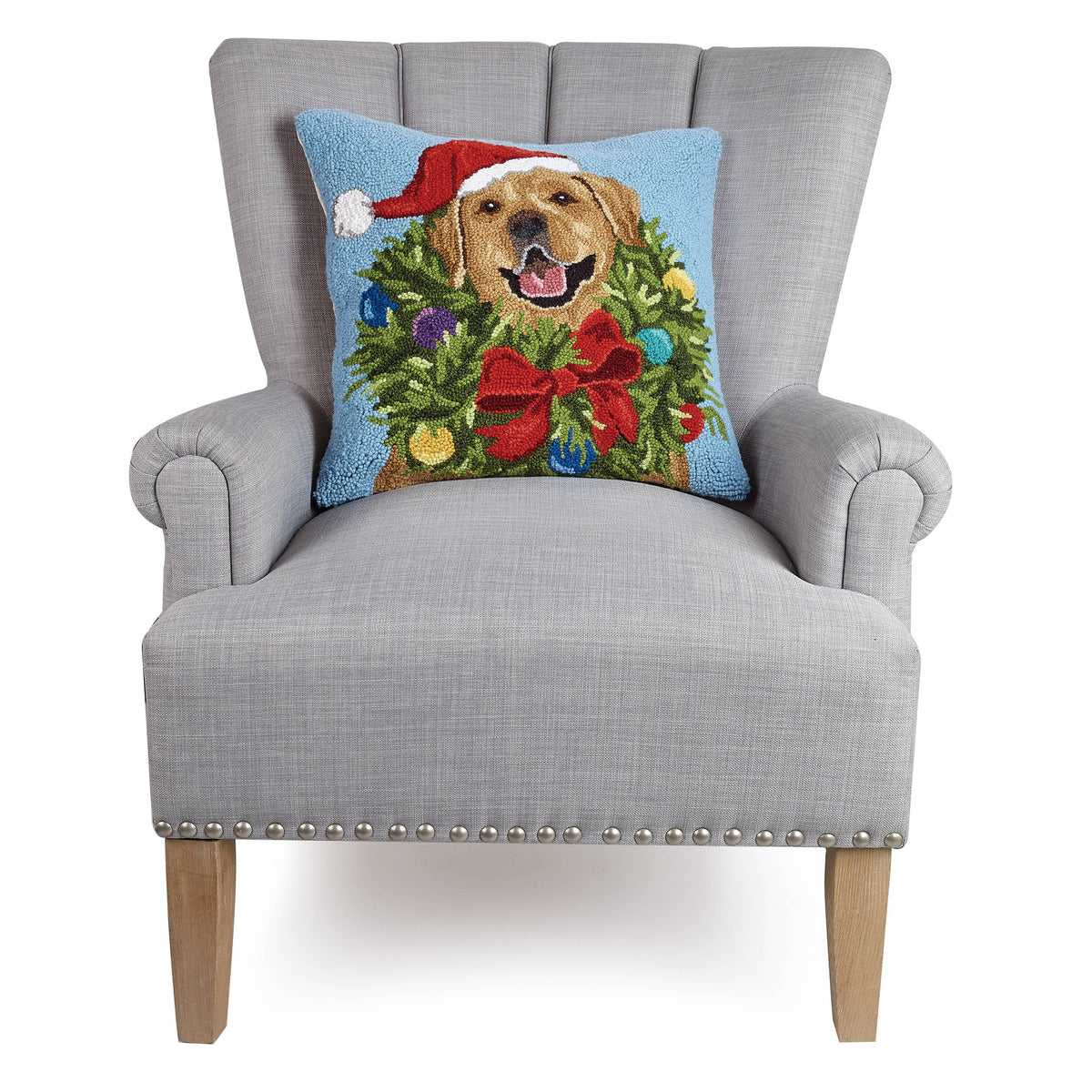 Hooked wool pillow of a golden Labrador in a Santa hat with holiday wreath, alternate view 2