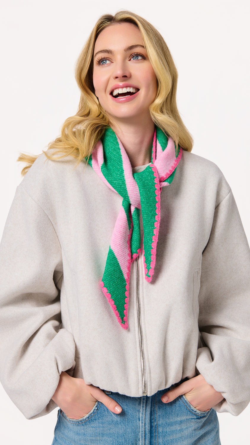 Shiraleah Joy Small Triangle Scarf in green and pink stripes, acrylic, polyester and wool knit, worn on model, front view