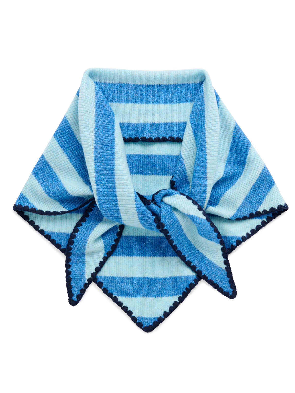 Shiraleah Joy Large Triangle Scarf in blue and light blue stripes, acrylic, polyester and wool knit, knotted flat lay, front view