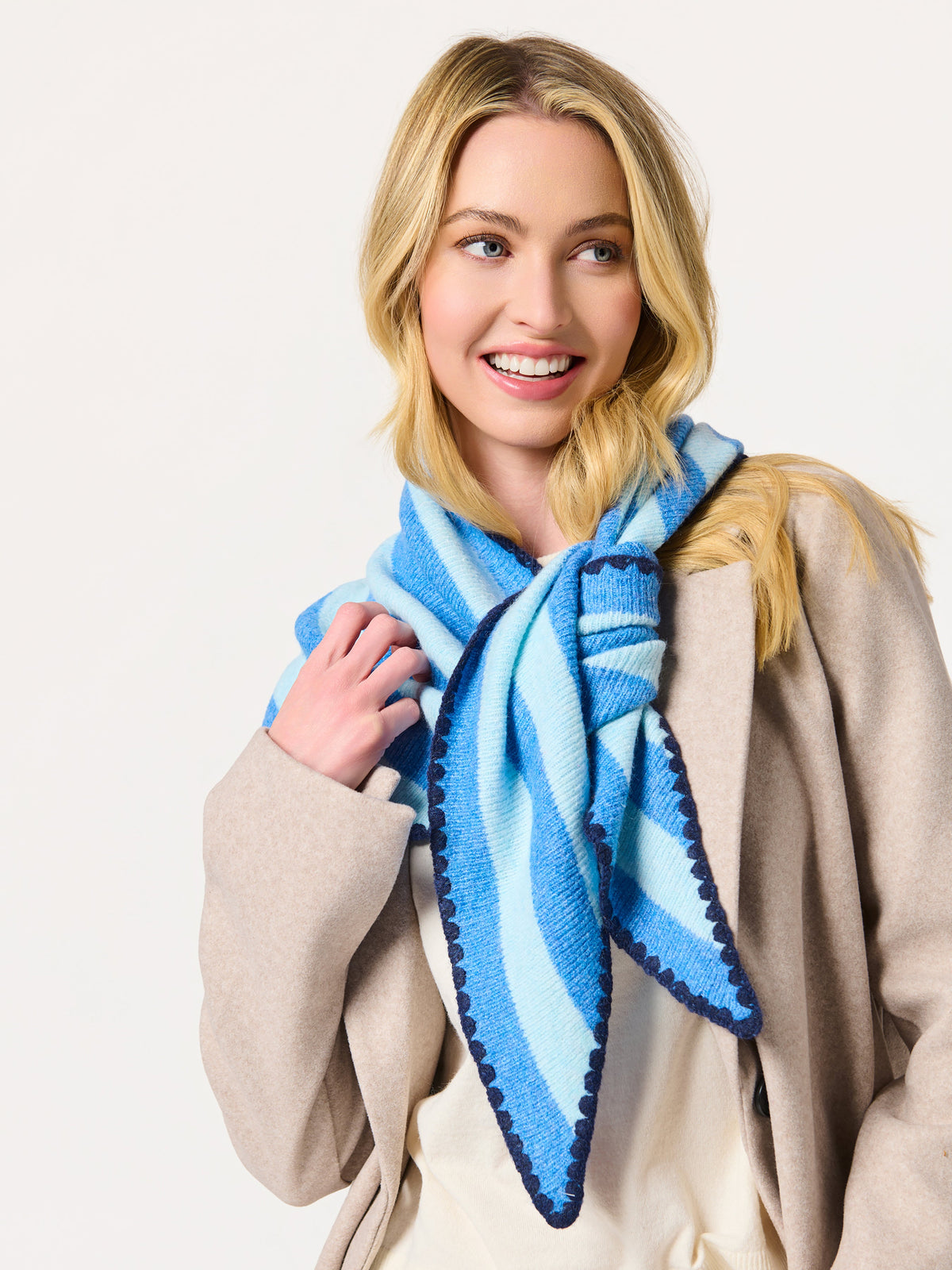Shiraleah Joy Large Triangle Scarf in blue and light blue stripes, acrylic, polyester and wool knit, worn on model, front view
