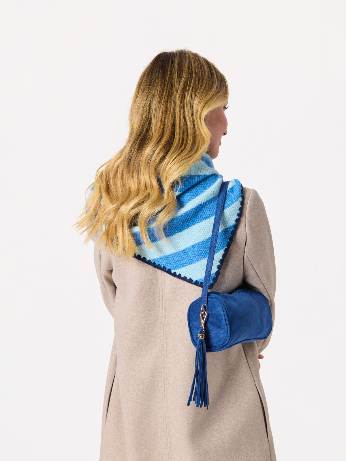 Shiraleah Joy Large Triangle Scarf in blue and light blue stripes, acrylic, polyester and wool knit, worn on model, back view