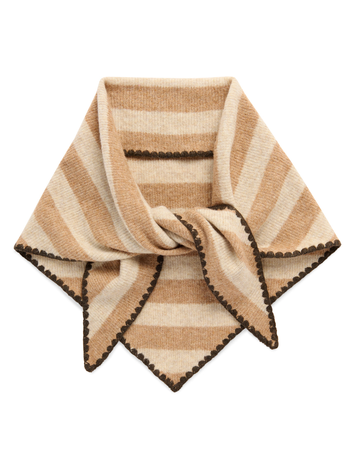 Shiraleah Joy Large Triangle Scarf in oatmeal and brown stripes, acrylic, polyester and wool knit, knotted flat lay, front view