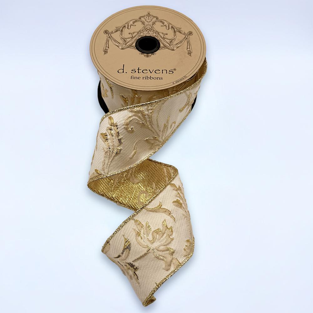 Ivory jacquard ribbon with metallic gold floral pattern, 2.5 inch, full view