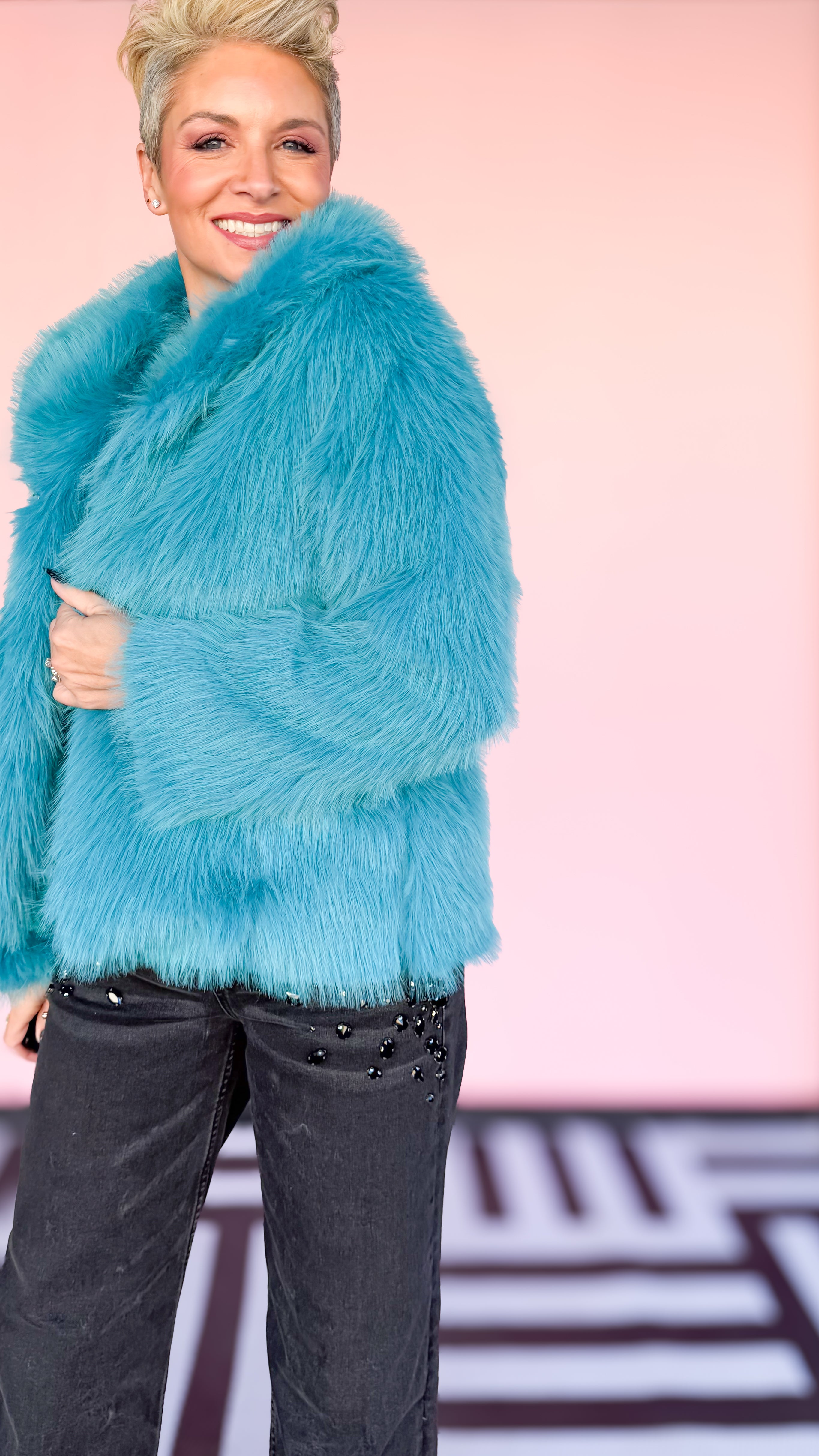 Faux Foxy Fur Short Coat/Turquoise
