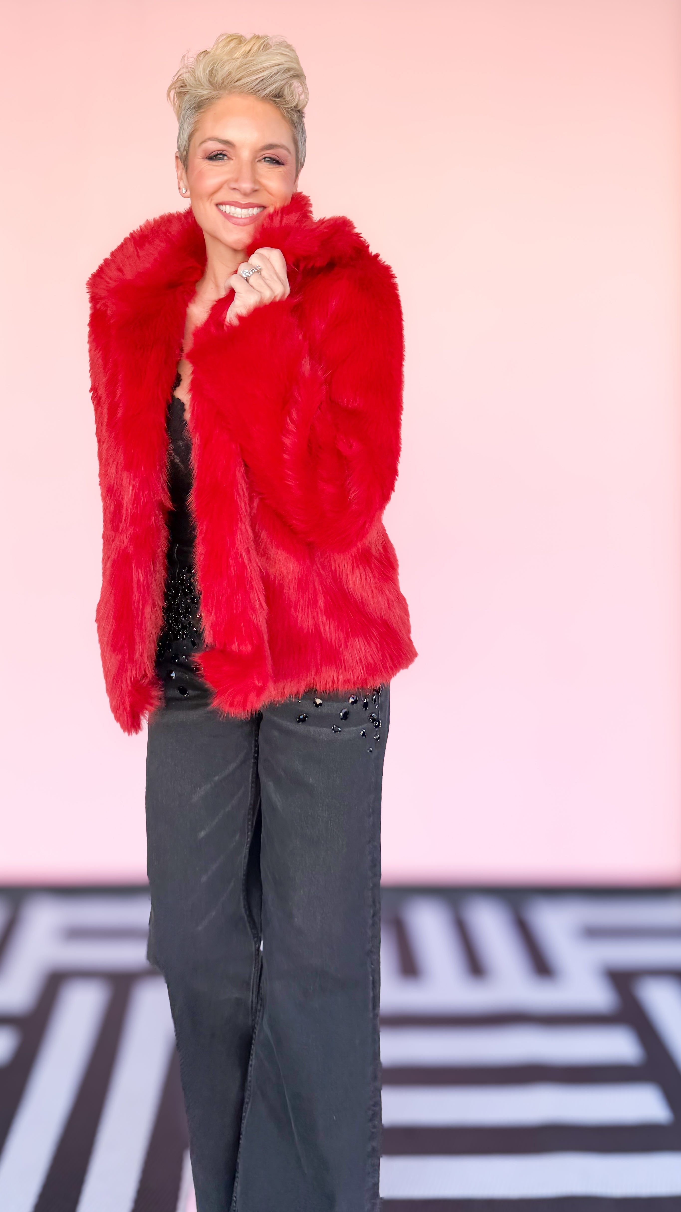 Faux Foxy Fur Short Coat/Red