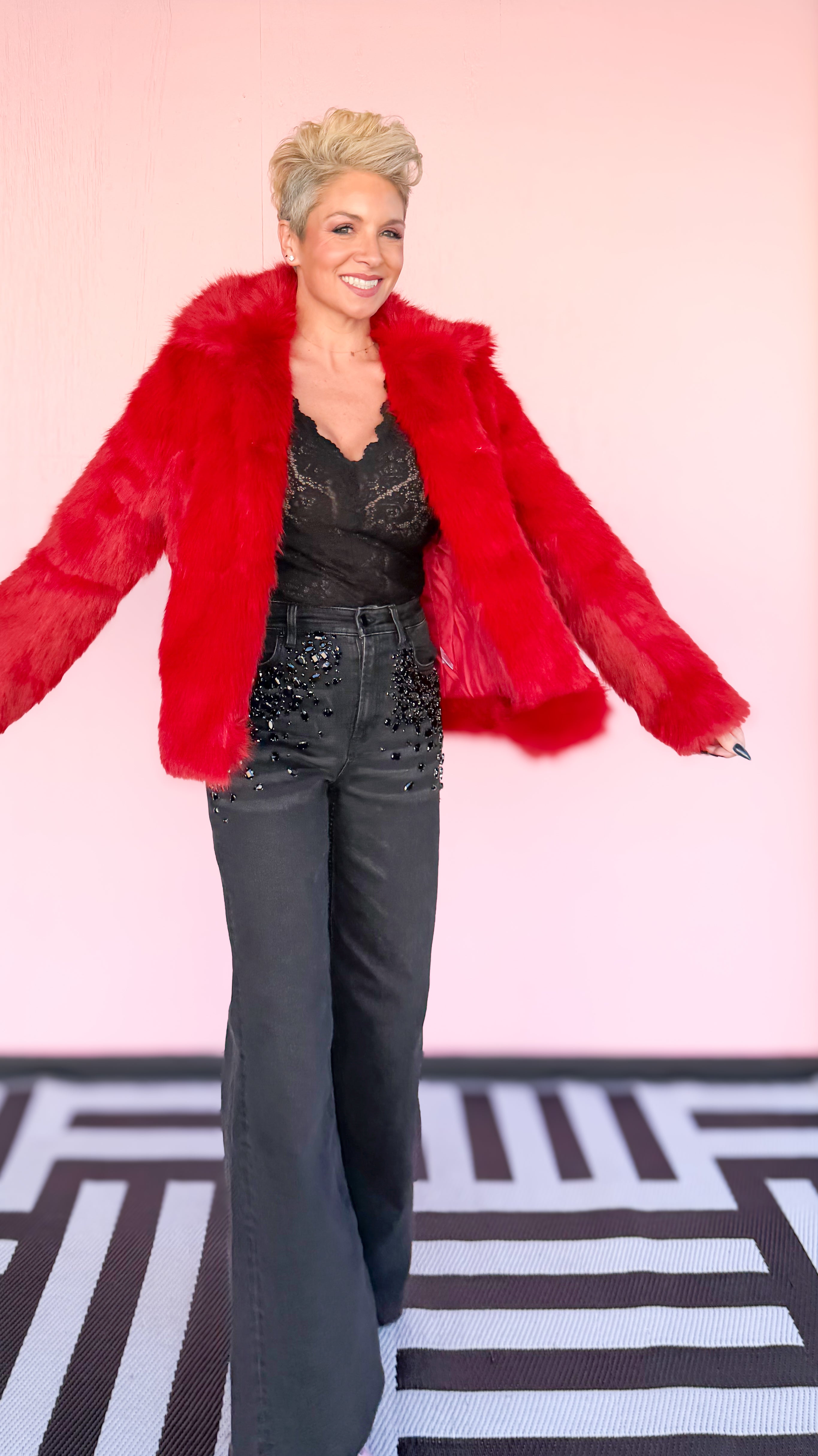 Faux Foxy Fur Short Coat/Red