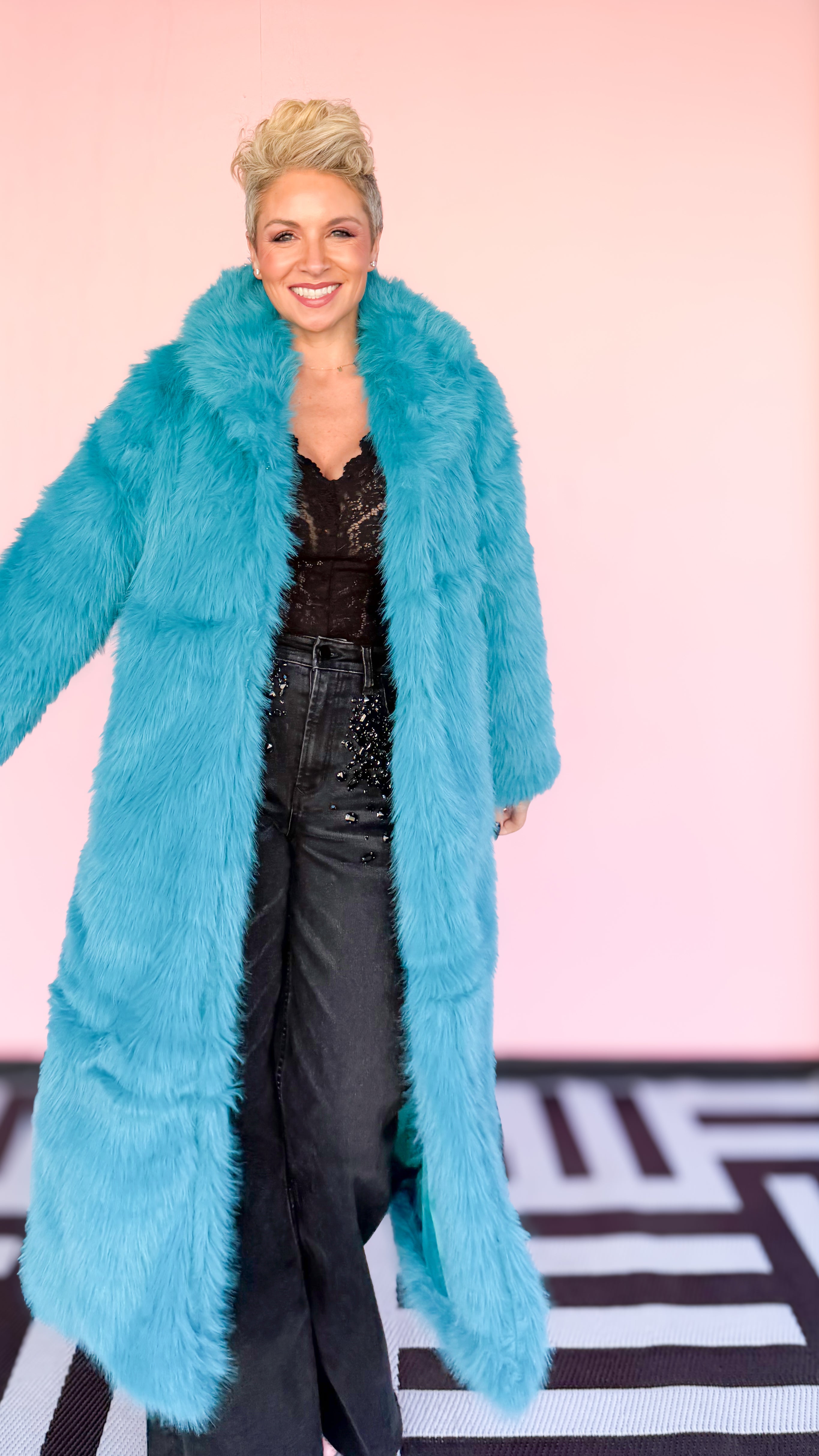 Long Faux Fur Coat/Turquoise