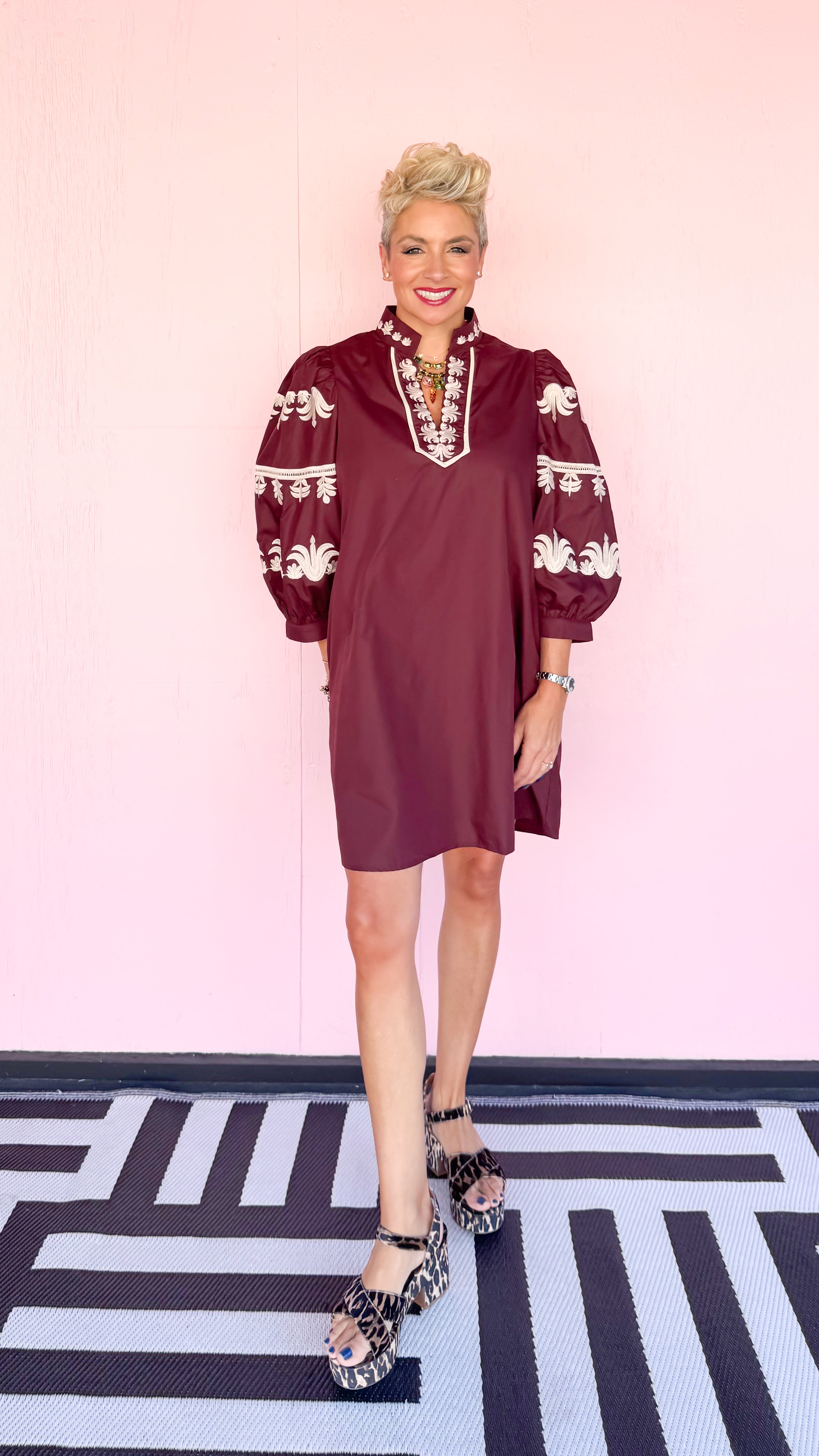 Embroidered 3/4 Sleeve Dress/Merlot - The BLVD
