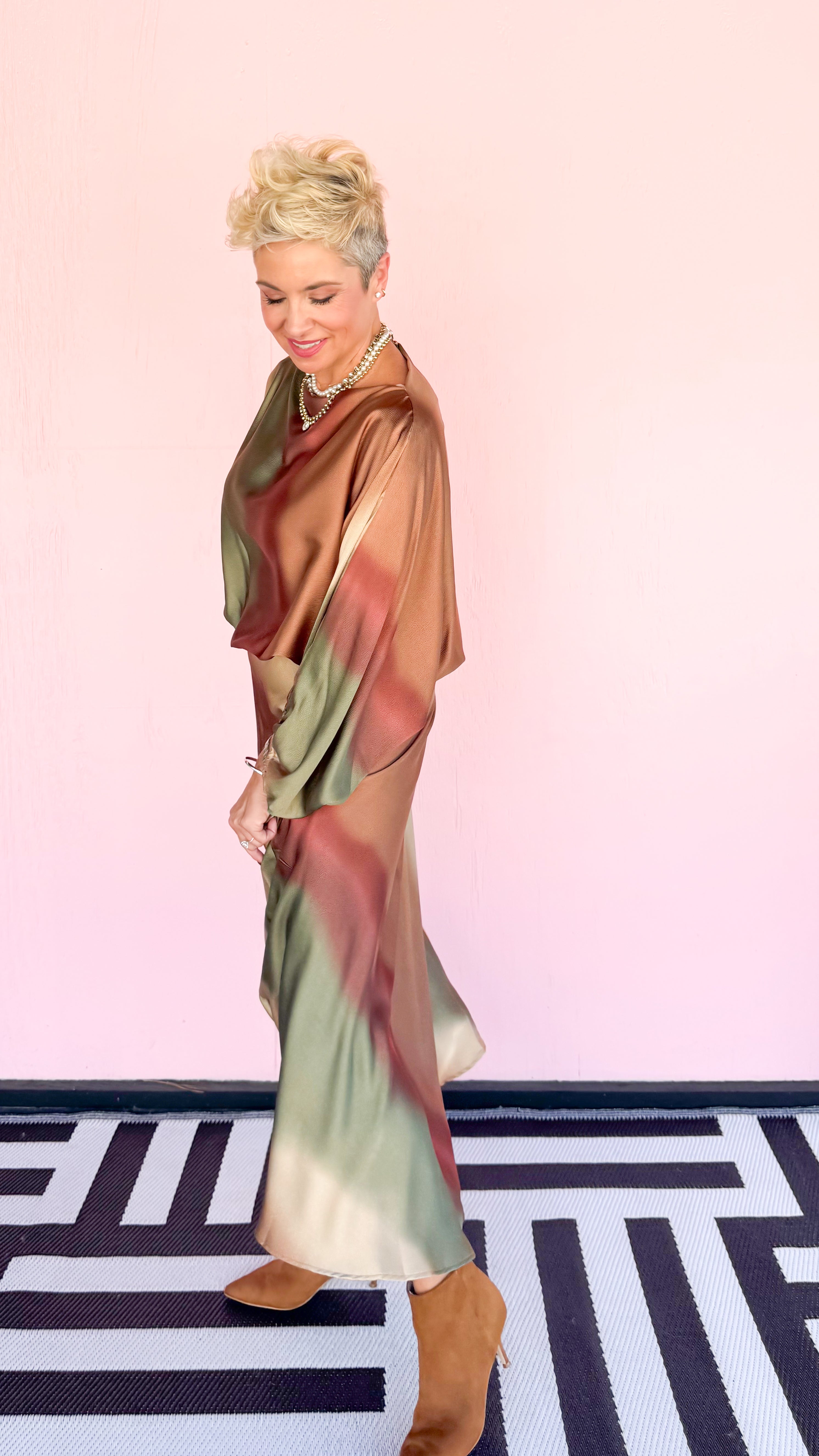 Ombré Satin Swing Skirt/Olive
