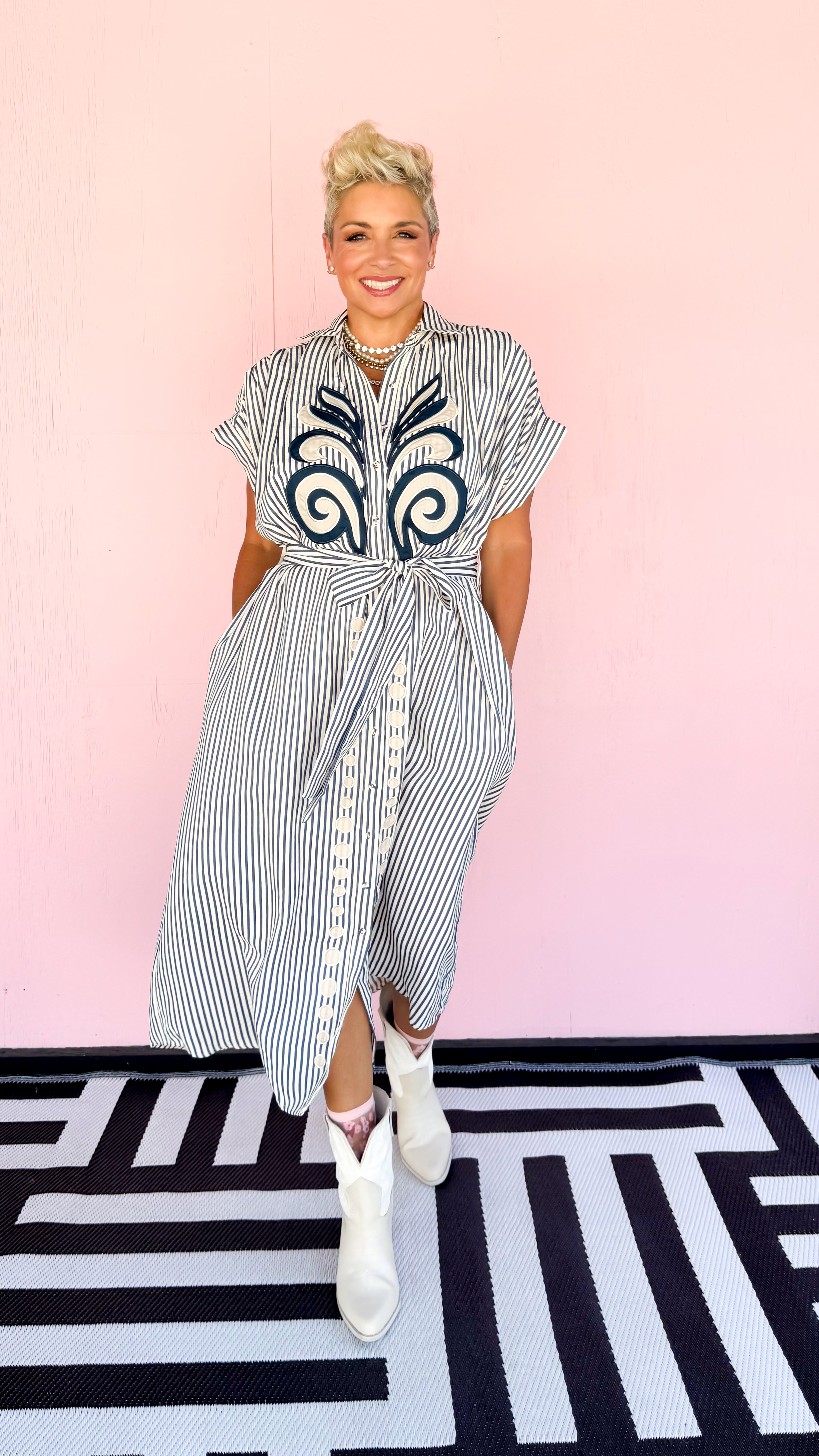 Appliqué Striped Shirt Dress/Navy - The BLVD