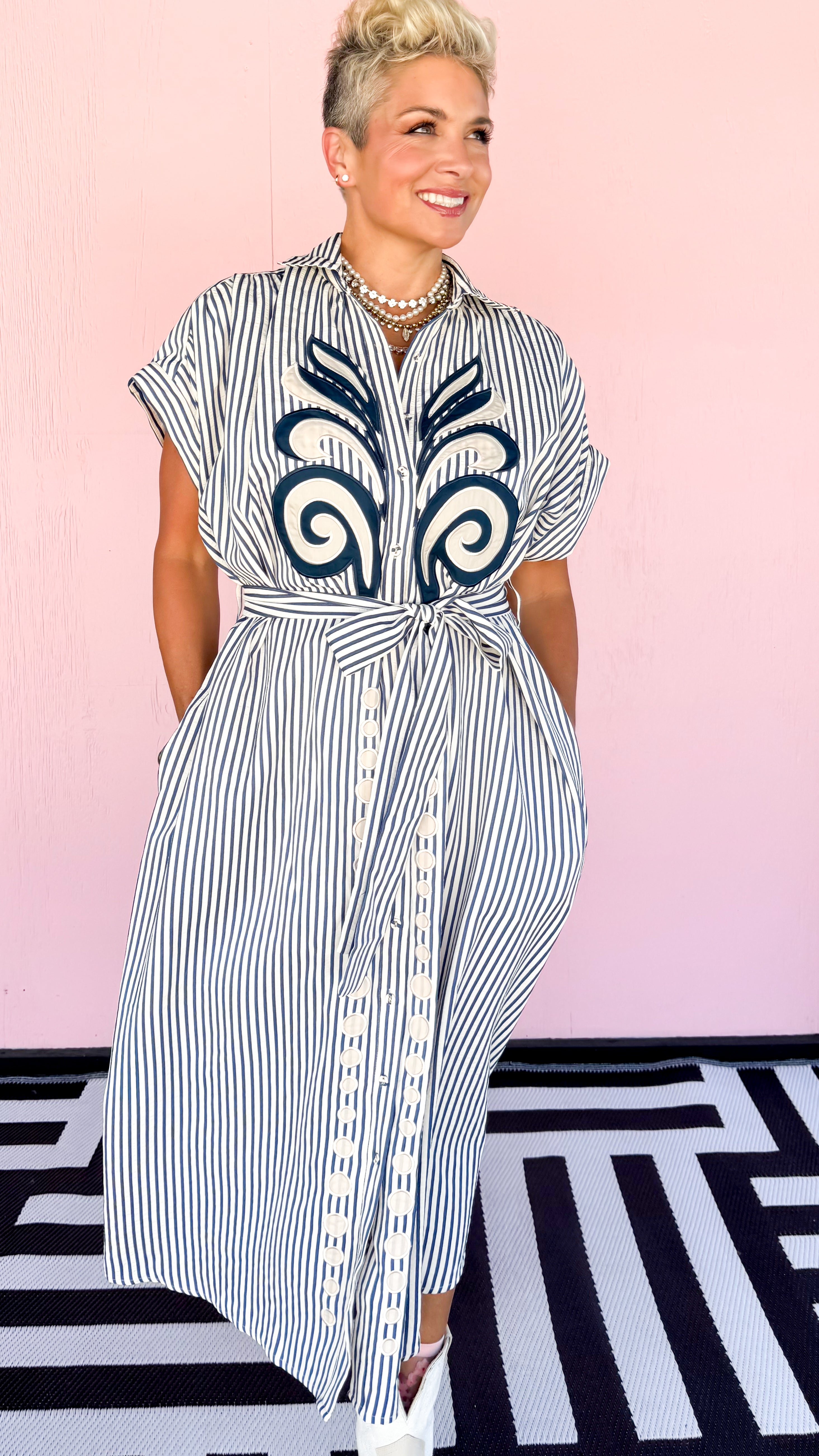 Appliqué Striped Shirt Dress/Navy - The BLVD