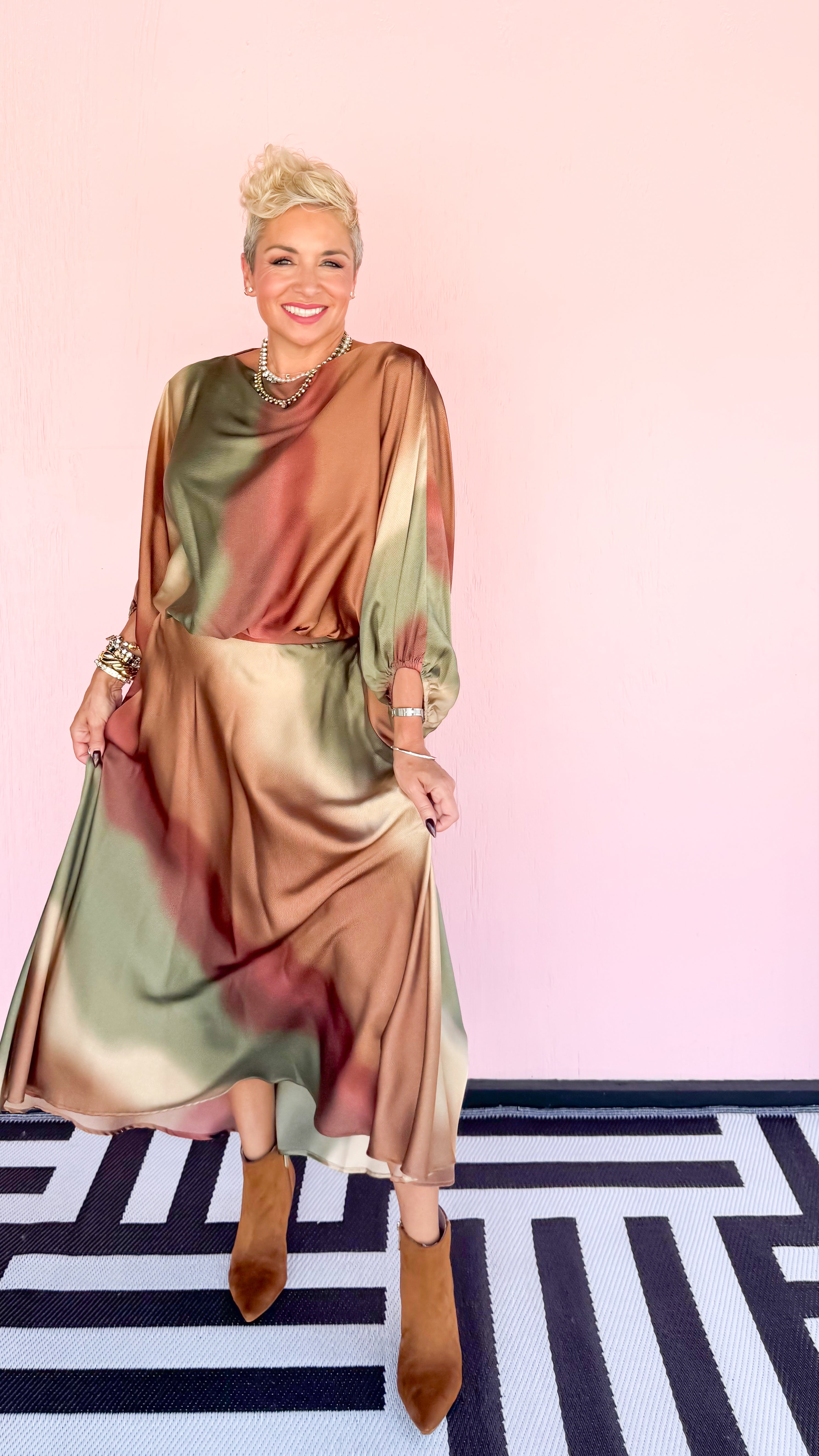 Ombré Satin Swing Skirt/Olive