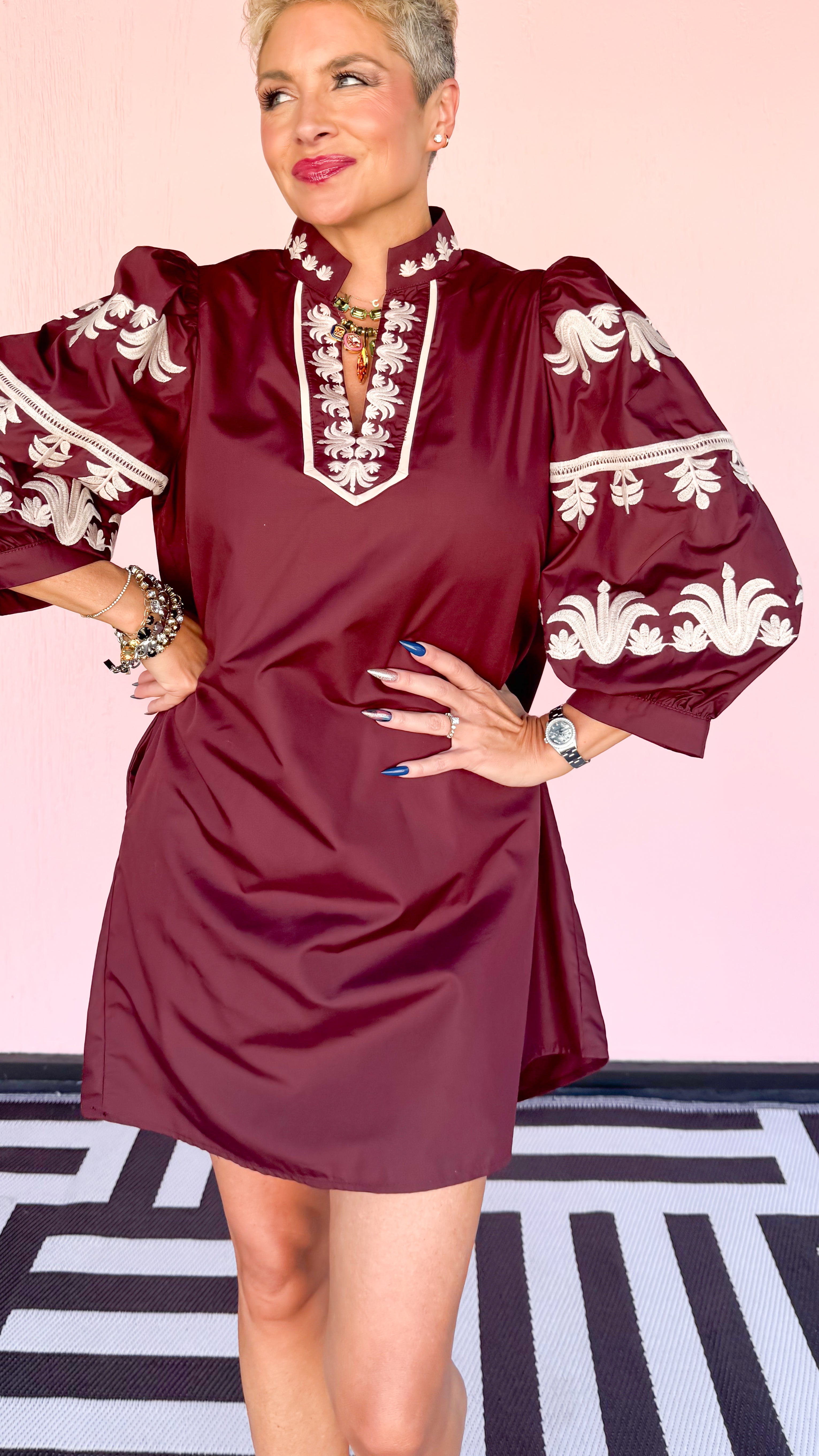 Embroidered 3/4 Sleeve Dress/Merlot - The BLVD