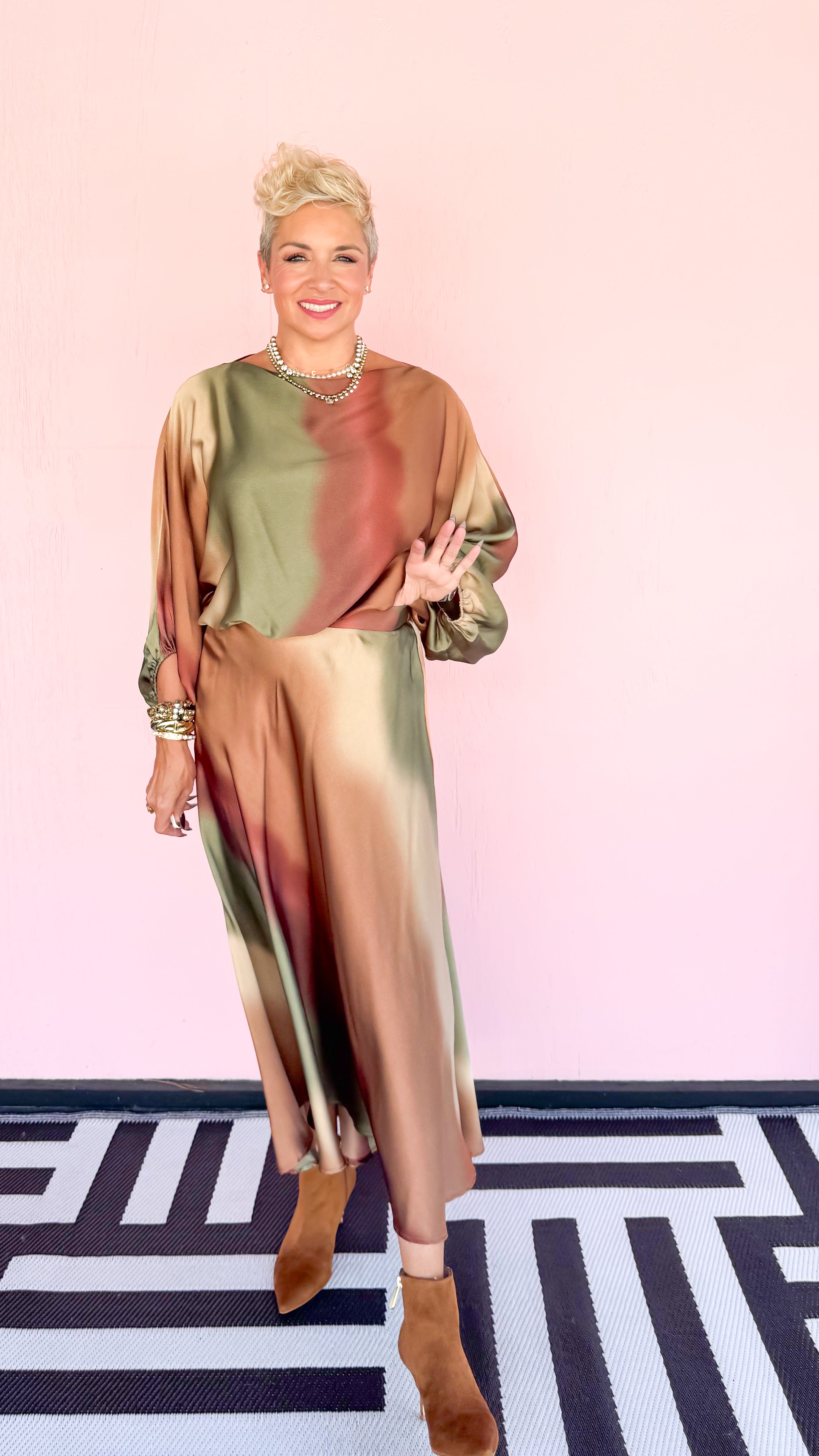 Ombré Satin Swing Skirt/Olive