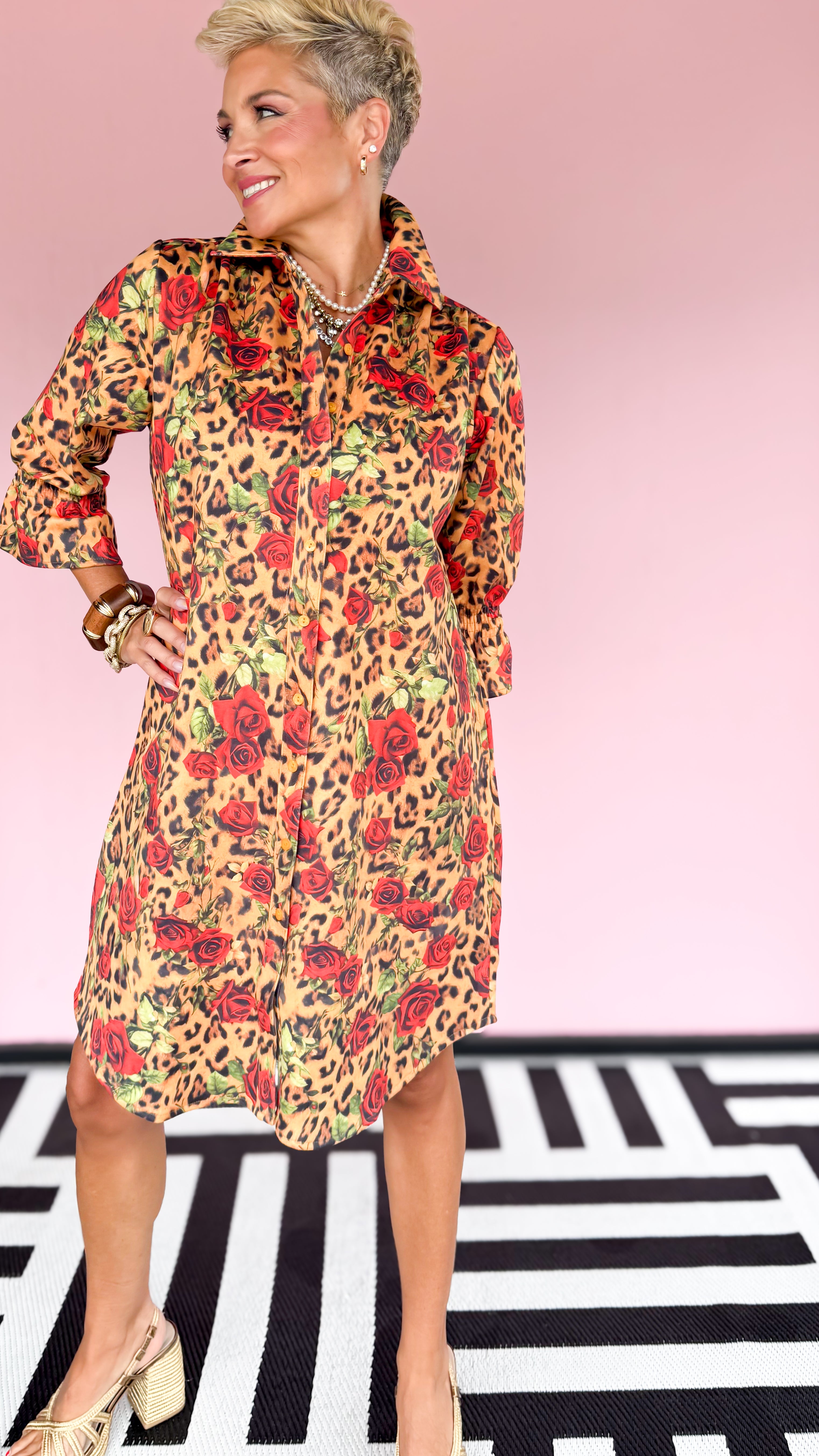 Leopard and rose print dress with elastic ruffle sleeves