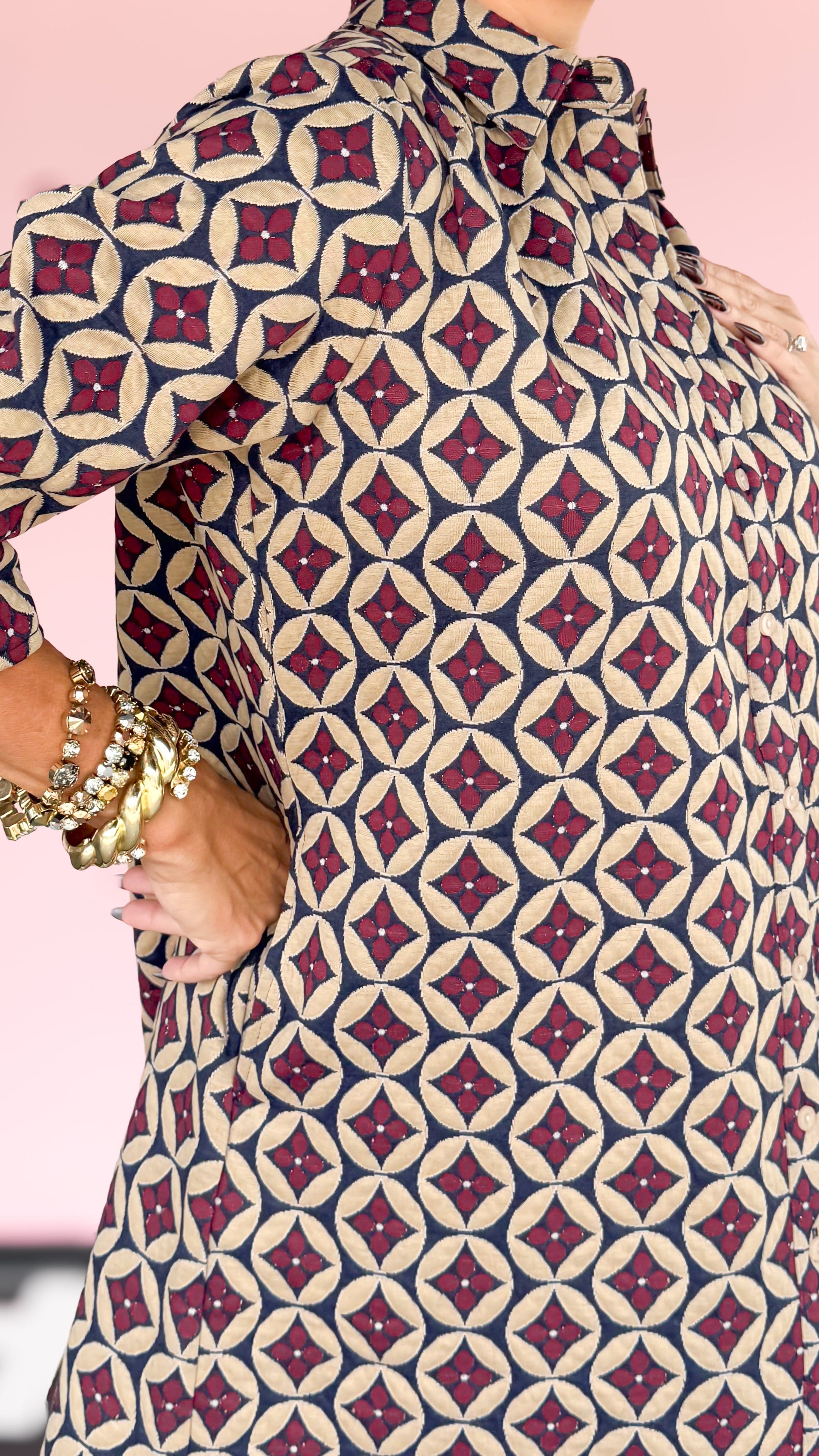 Burgundy Navy Patterned Dress