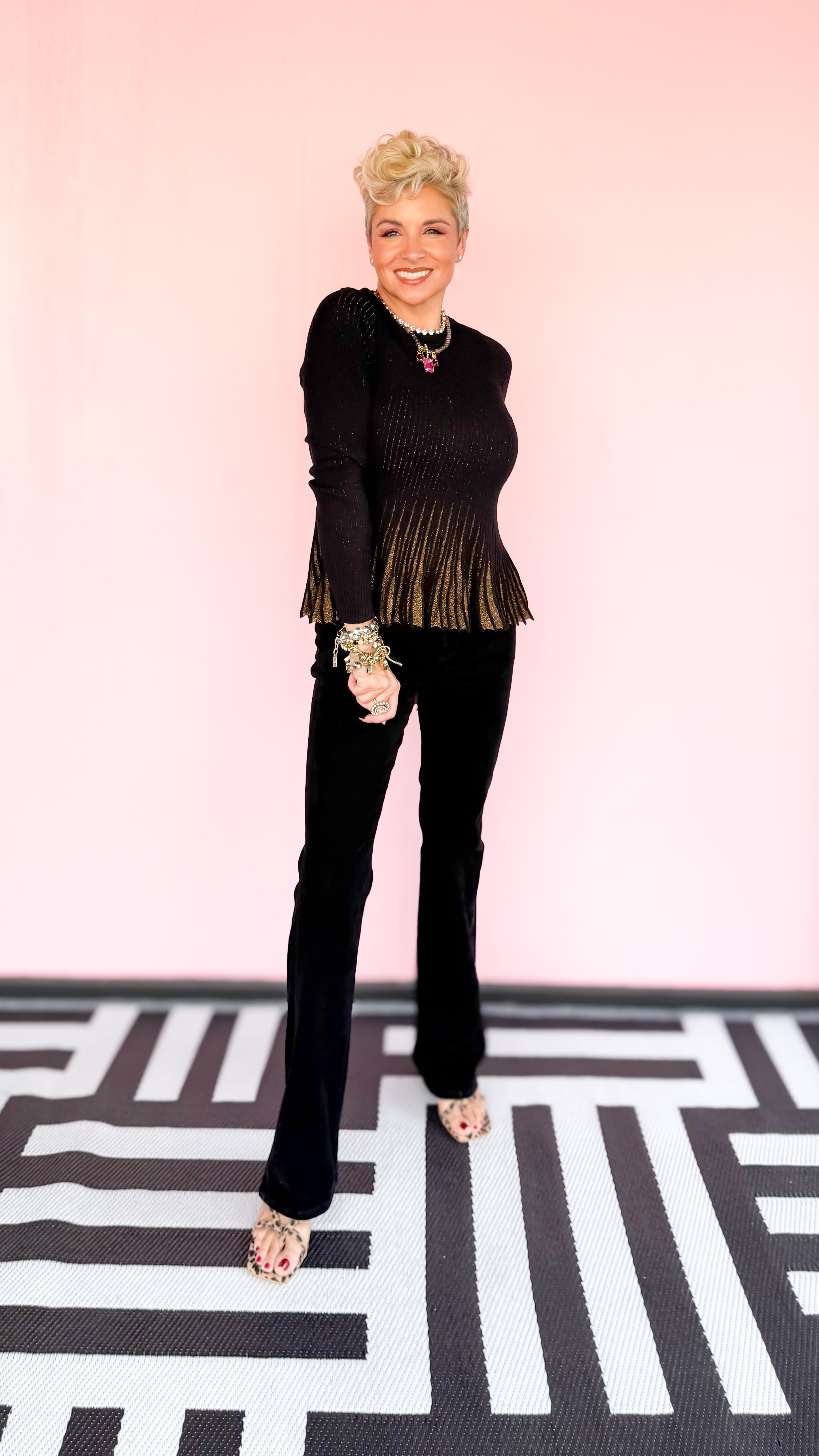 Black & Gold Ribbed Long Sleeve Top