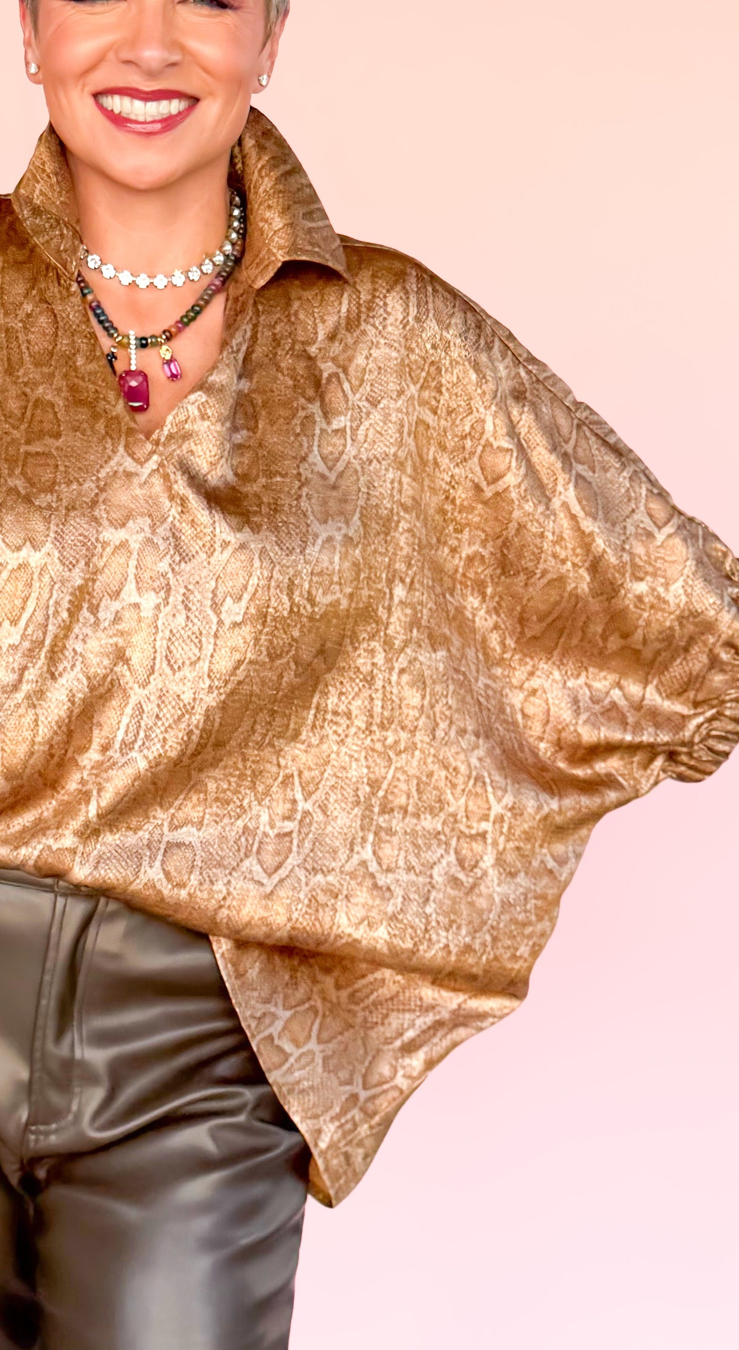 V-Neck Snake Metallic Top/Gold