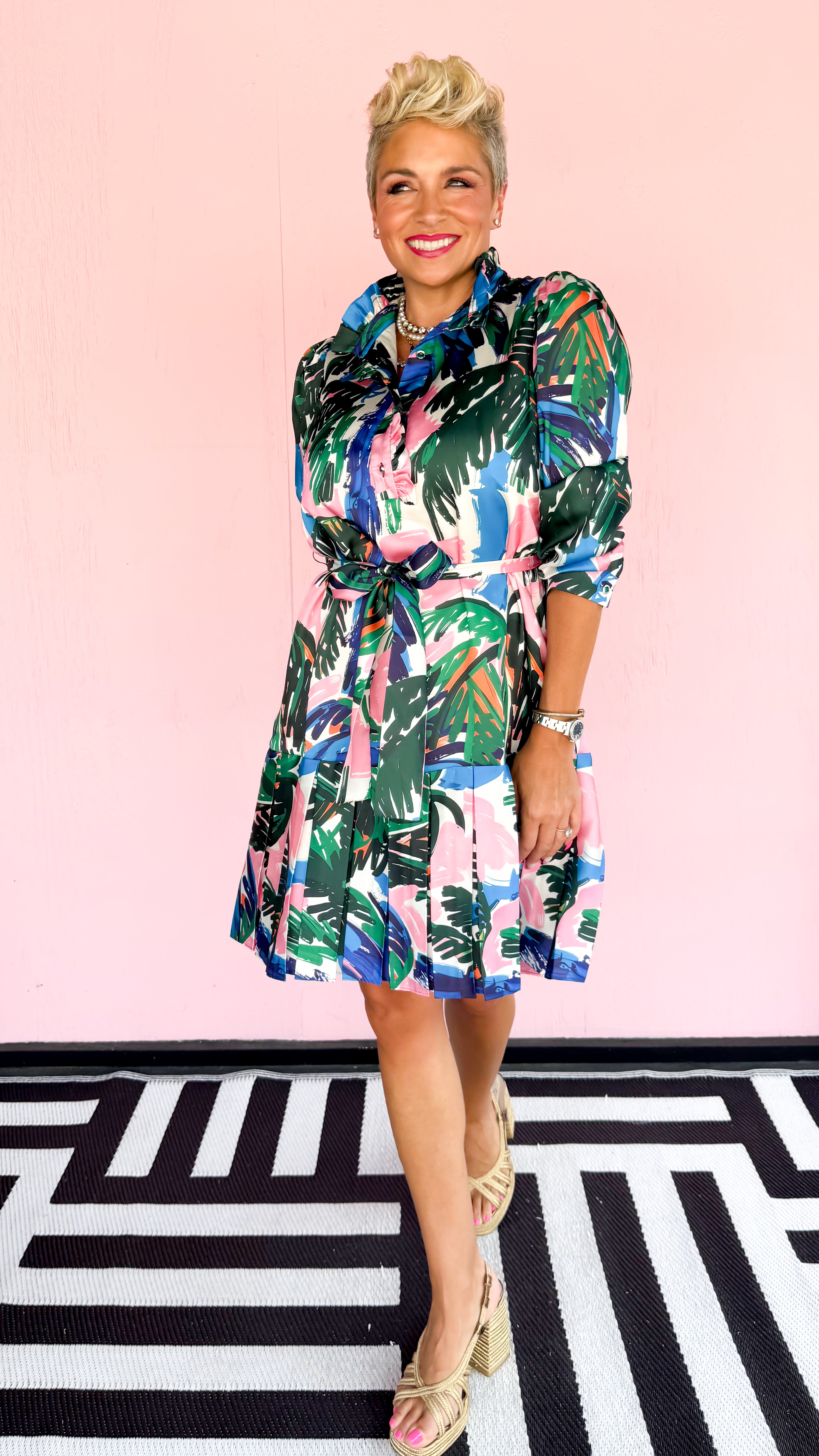 Printed Palms Dress/Blue