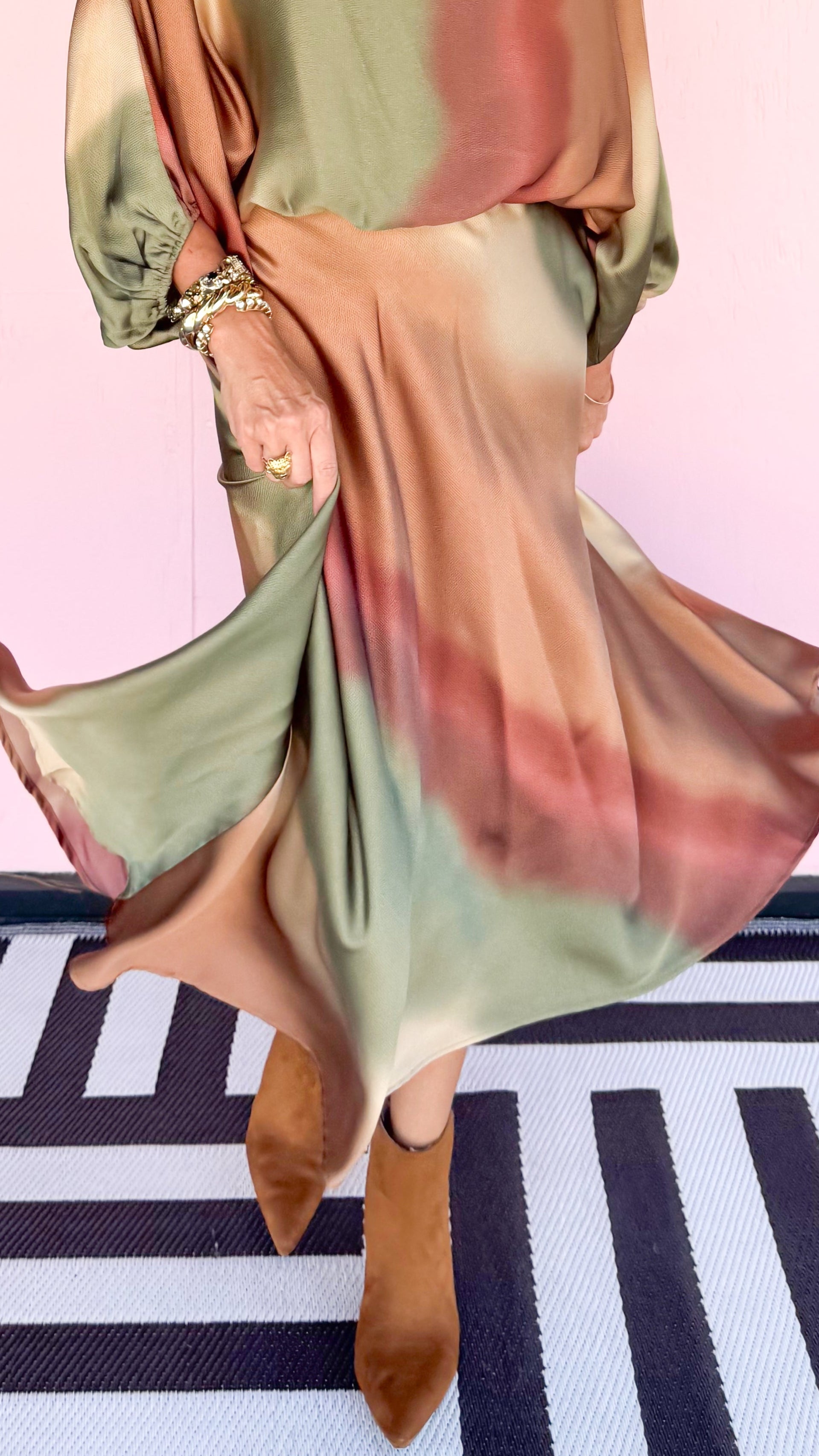 Ombré Satin Swing Skirt/Olive